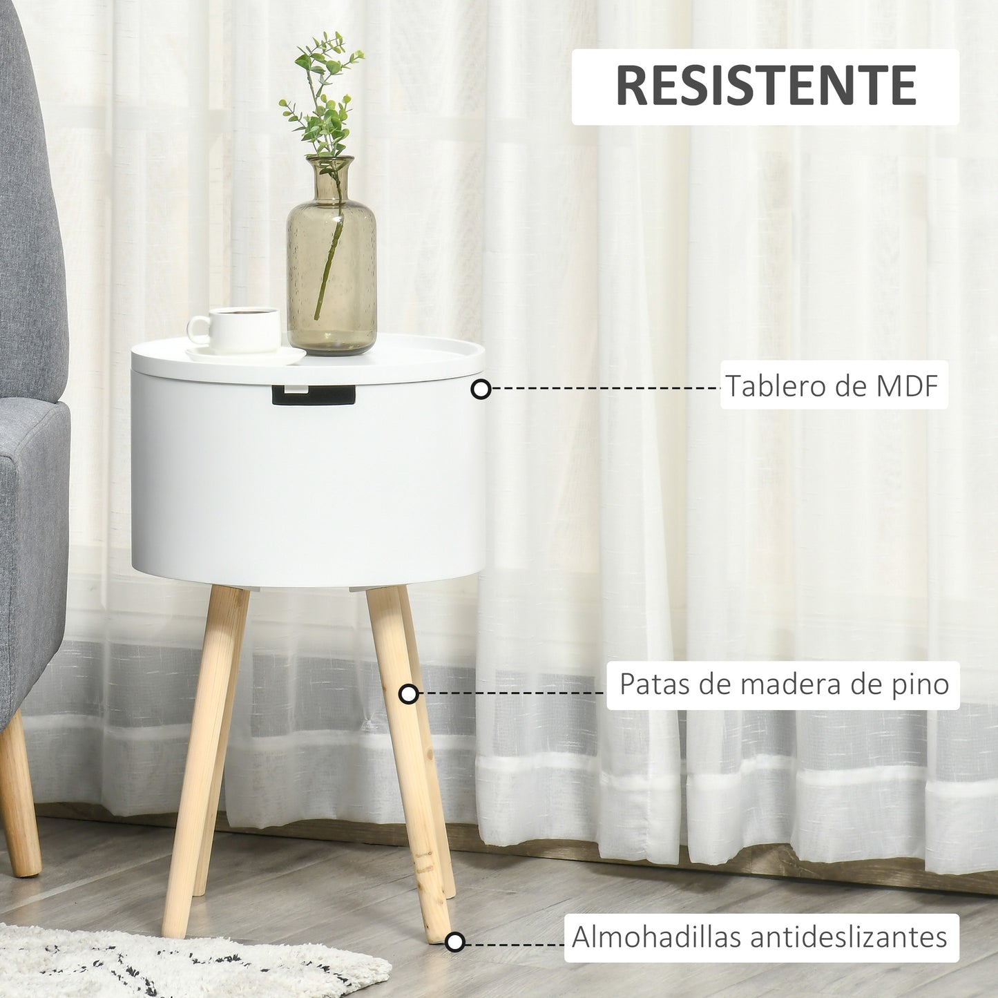 HOMCOM Mesa Auxiliar de Salón Moderna Mesita de Noche con Tapa Extraíble Espacio de Almacenamiento y Patas de Madera para Dormitorio Sofá Esquina Ø38x63 cm Blanco