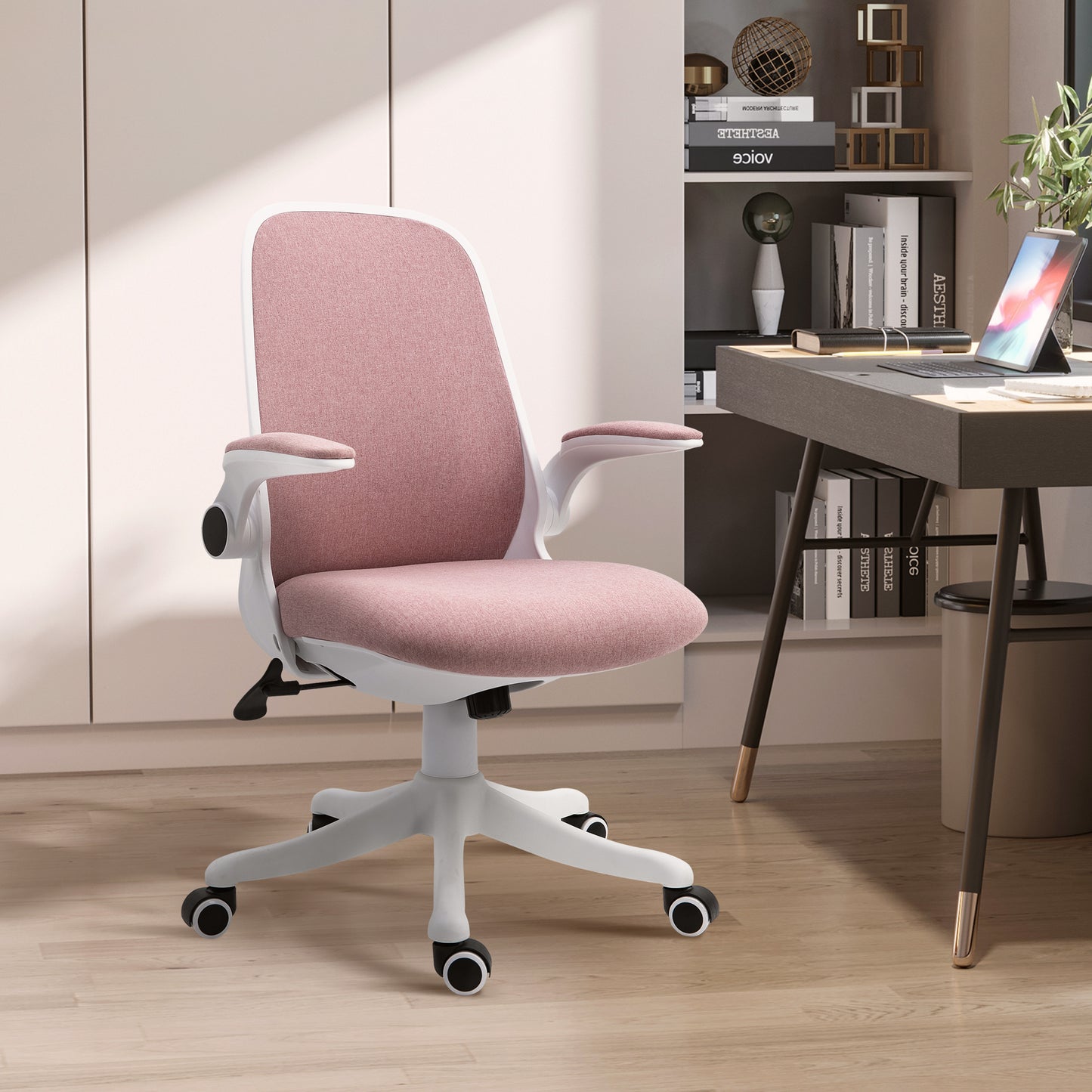 Vinsetto Silla Giratoria de Oficina Silla de Escritorio Basculante Altura Ajustable con Reposabrazos Elevable Carga 120 kg para Despacho Dormitorio 62,5x60x94-104 cm Rosa