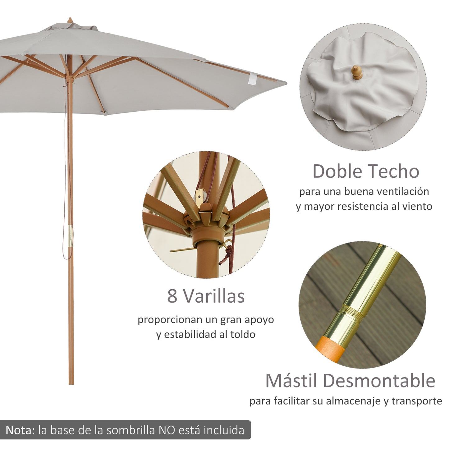 Outsunny Sombrilla Parasol de Jardín Ø300x250 cm con Sistema de Pestillo de Fijación Techo Ventilado y Poste Desmontable de Madera para Terraza Patio Exterior Gris