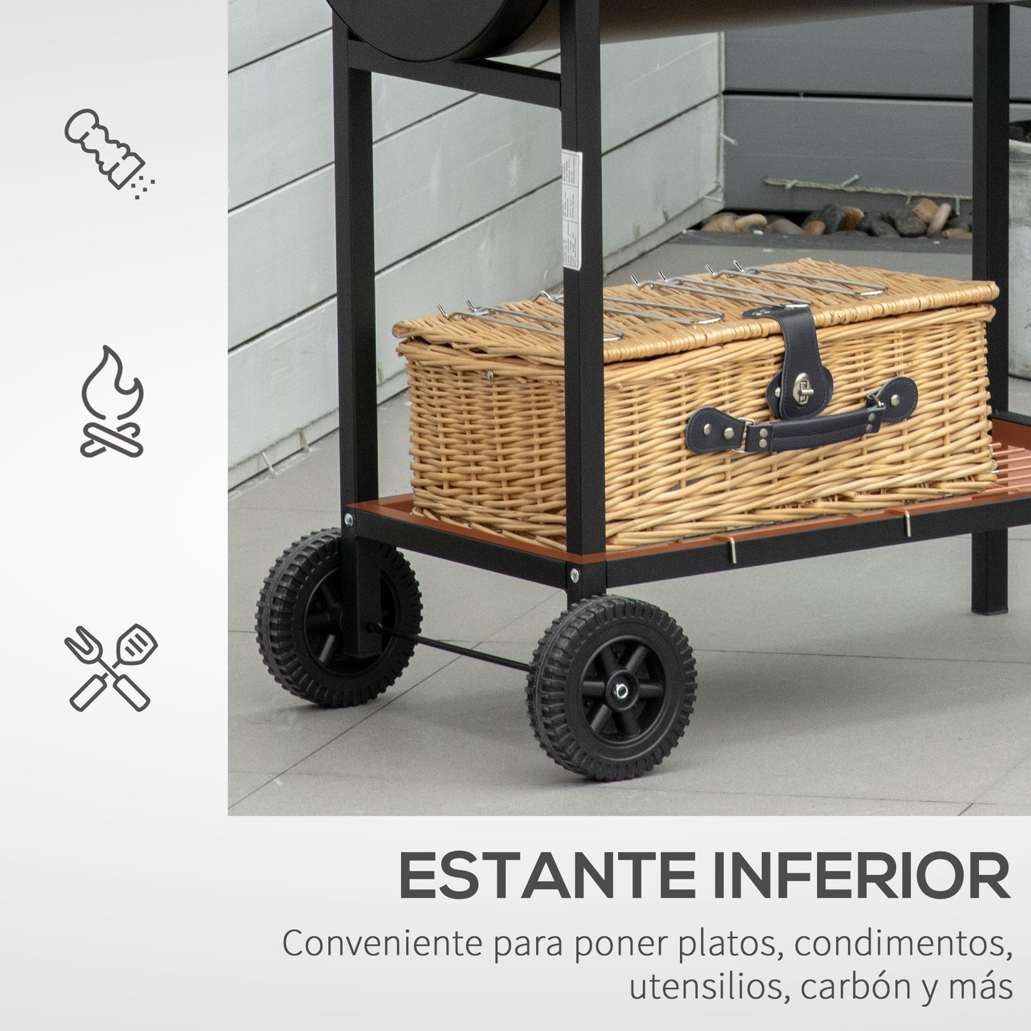 Outsunny Barbacoa de Carbón con Parrilla Ajustable en Altura para Exterior Barbacoa Portátil con Estante de Almacenaje y Ruedas 90x45x96 cm Negro