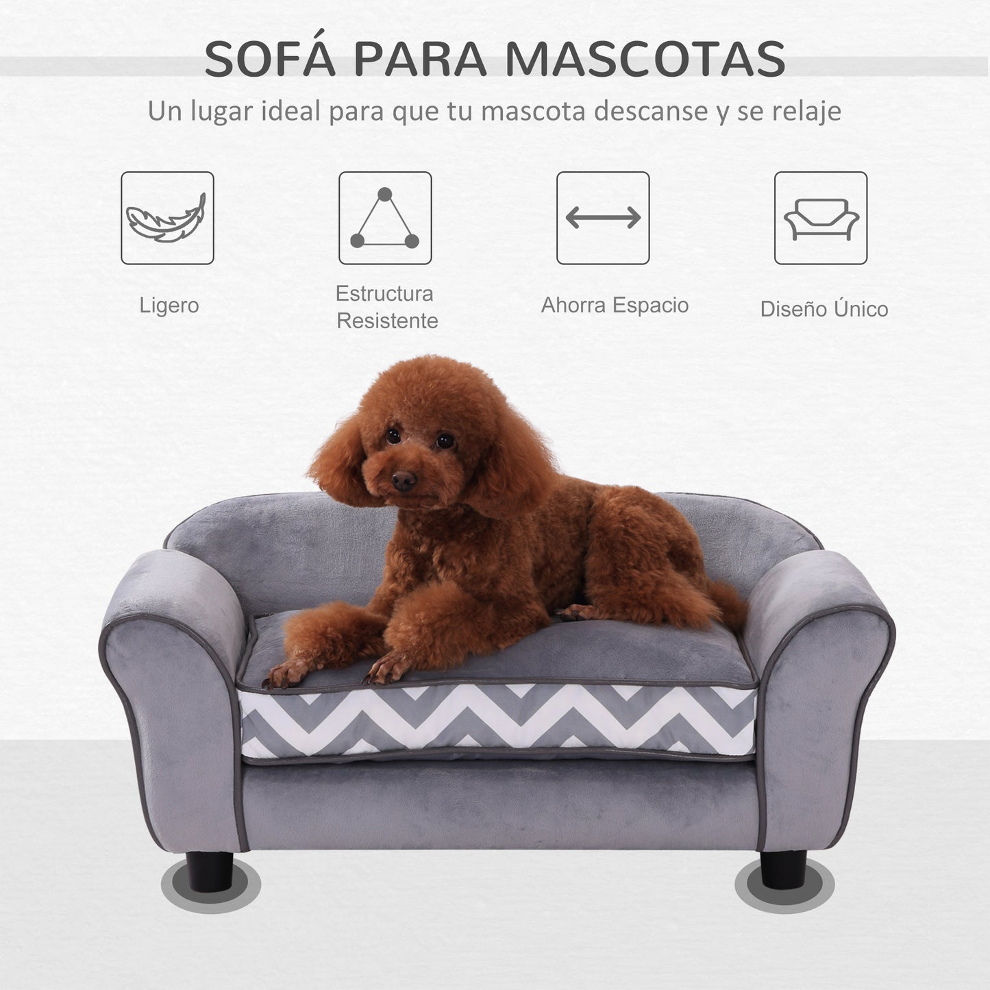 PawHut Sofá para Mascotas con Patas Cama para Perros de Madera con Cojín Acolchado Acogedora Funda Lavable 73,5x41x33 cm Gris