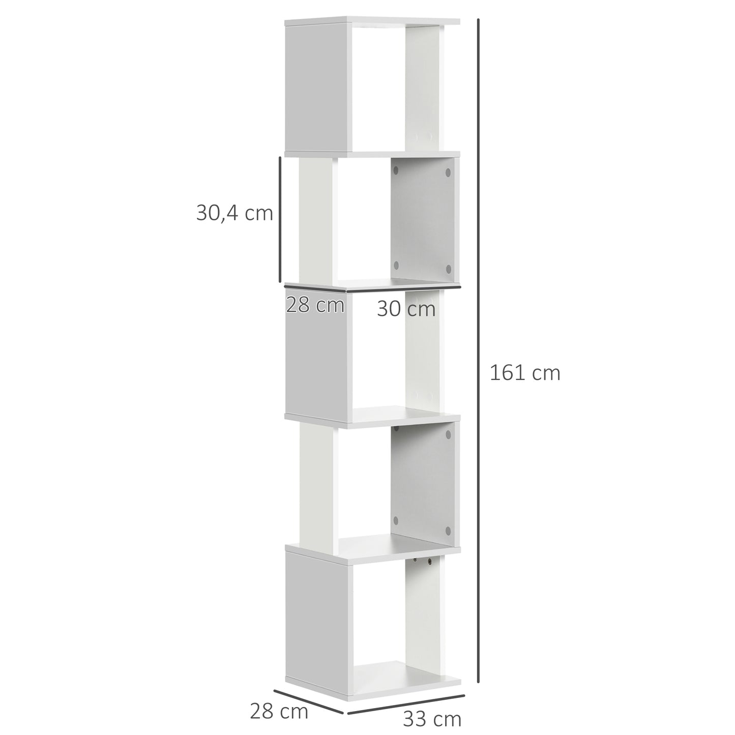 HOMCOM Estantería Librería en Forma S Estantería para Libros con 5 Estantes Abiertos para Salón Oficina Estudio Antivuelco Carga 100 kg 33x28x161 cm Blanco y Gris Claro