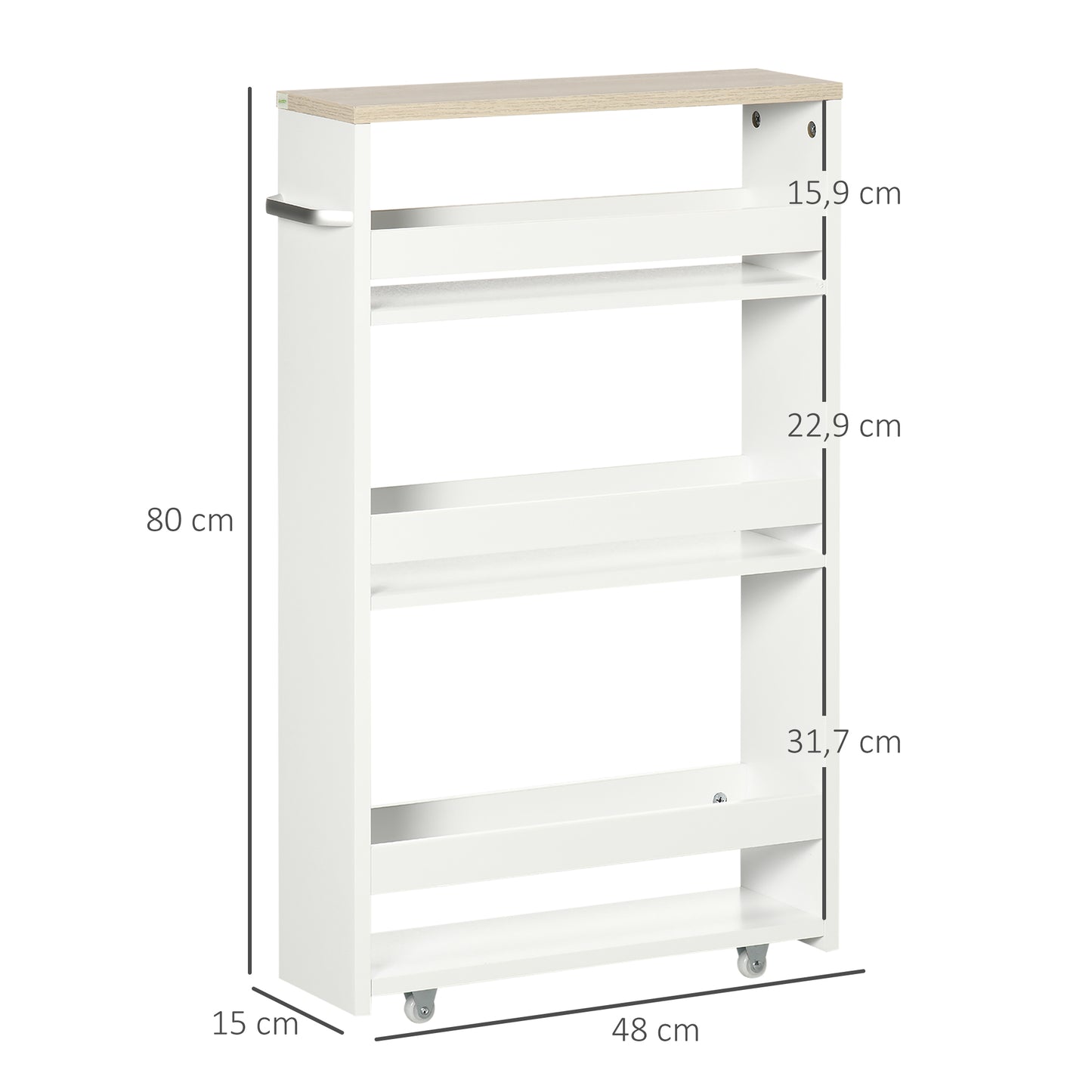 kleankin Estantería de Almacenamiento de Baño de 3 Niveles Estantería Estrecha con Asa Lateral Estante con Ruedas para Cocina Salón Estilo Moderno 48x15x80 cm Blanco