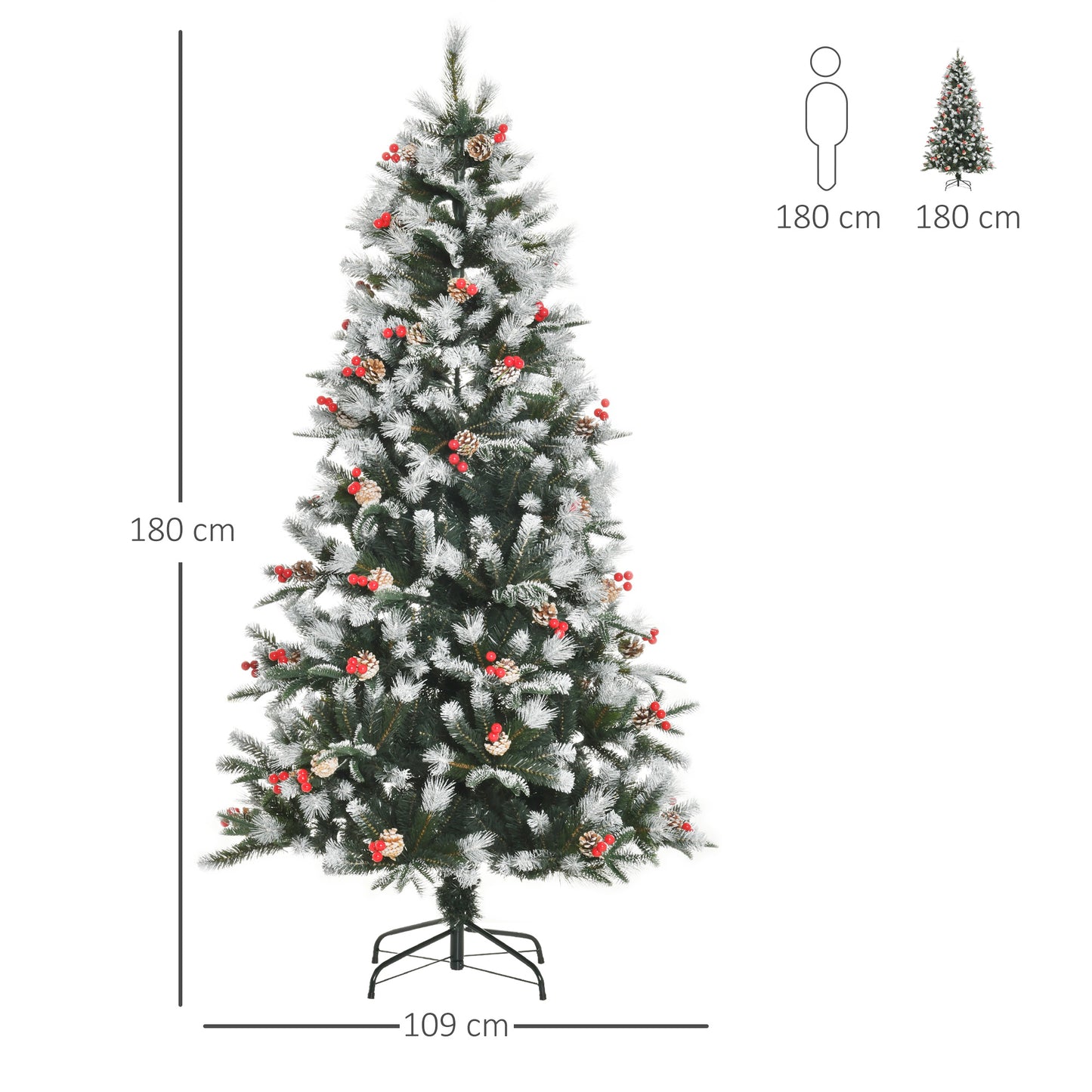 HOMCOM Árbol de Navidad Artificial 180 cm con 678 Ramas 53 Piñas y 53 Bayas Hojas de PVC PE Base Plegable y Soporte Metálico Decoración Navideña para Interiores Verde