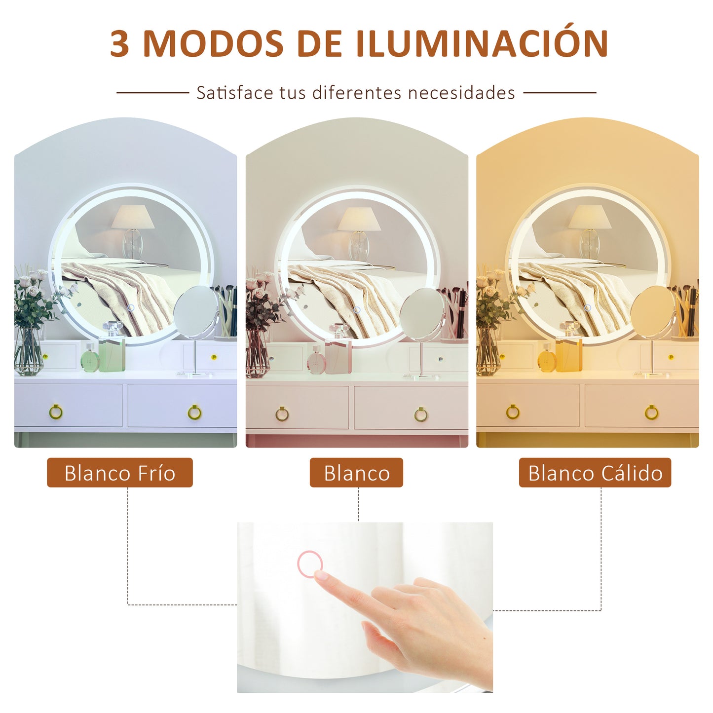 HOMCOM Tocador con Espejo con Luz LED Ajustable y Taburete Juego de Mesa de Maquillaje con 4 Cajones de Almacenaje para Dormitorio 80x40x133 cm Blanco