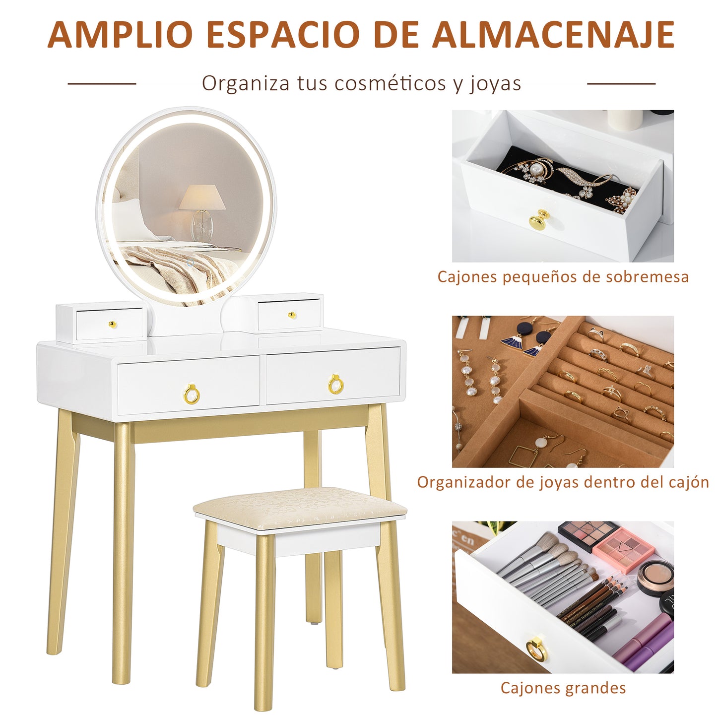 HOMCOM Tocador con Espejo con Luz LED Ajustable y Taburete Juego de Mesa de Maquillaje con 4 Cajones de Almacenaje para Dormitorio 80x40x133 cm Blanco