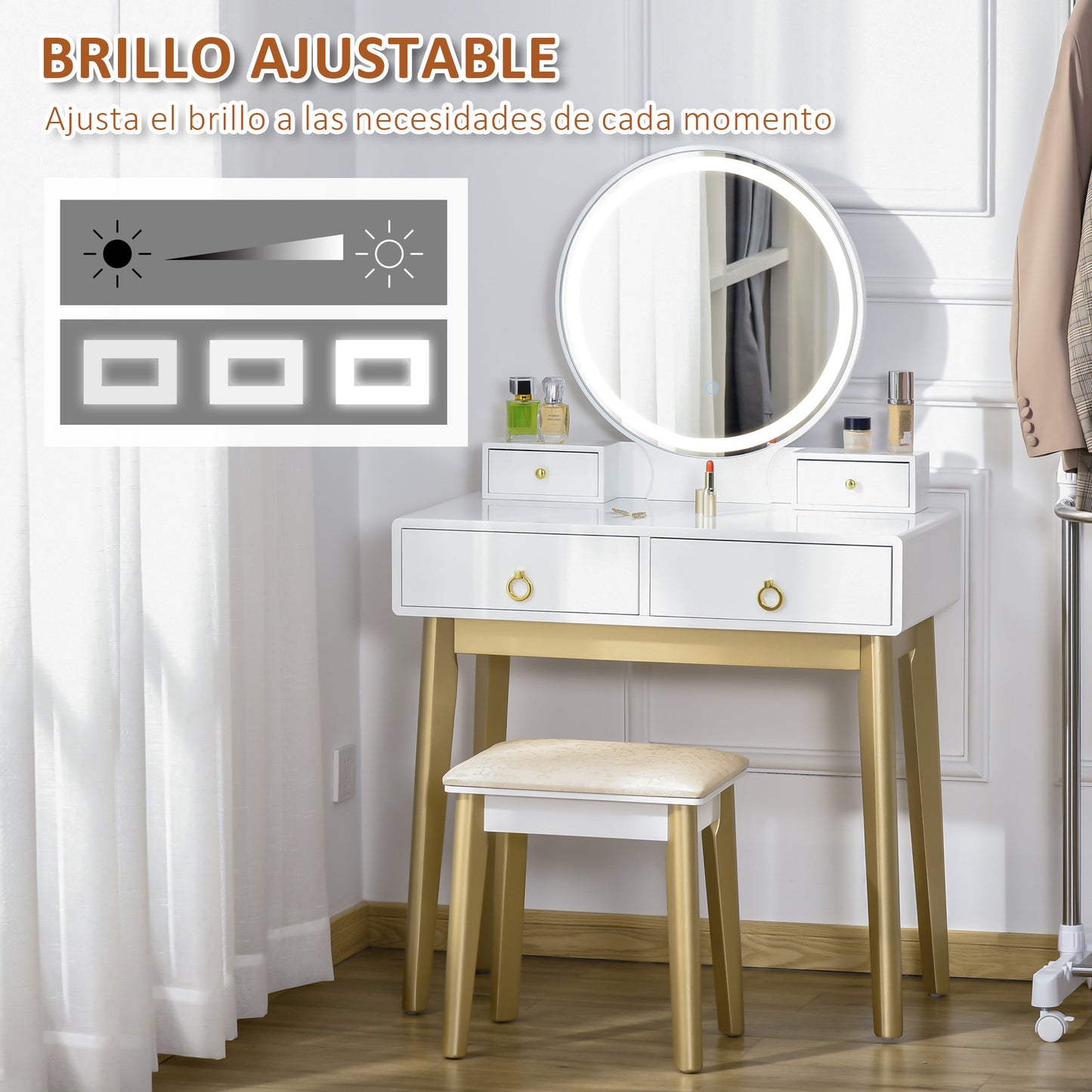 HOMCOM Tocador con Espejo con Luz LED Ajustable y Taburete Juego de Mesa de Maquillaje con 4 Cajones de Almacenaje para Dormitorio 80x40x133 cm Blanco