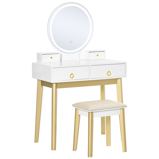 HOMCOM Tocador con Espejo con Luz LED Ajustable y Taburete Juego de Mesa de Maquillaje con 4 Cajones de Almacenaje para Dormitorio 80x40x133 cm Blanco