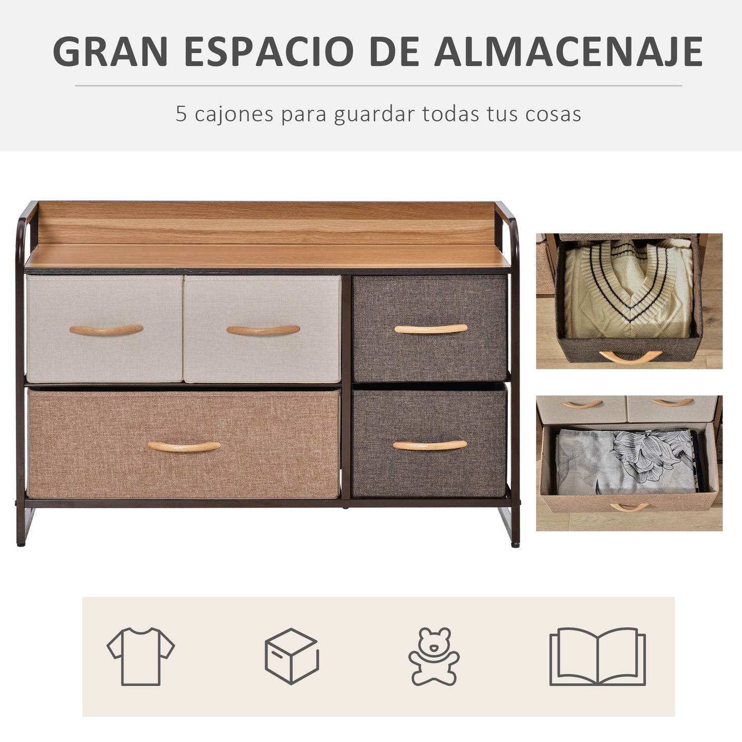 HOMCOM Mueble Organizador Cajonera de Tela con Cajones Plegable y Marco Metálico Antivuelco para Salón Recibidor Dormitorio 87,5x29x58 cm Multicolor