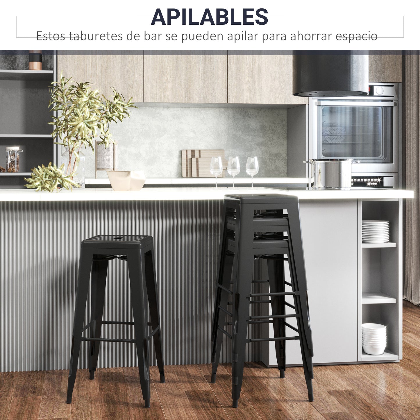 HOMCOM Conjunto de 4 Taburetes de Bar Estilo Industrial Apilables y con Reposapiés Aptos para Interiores y Exteriores 43x43x76 cm Carga Hasta 120kg Negro