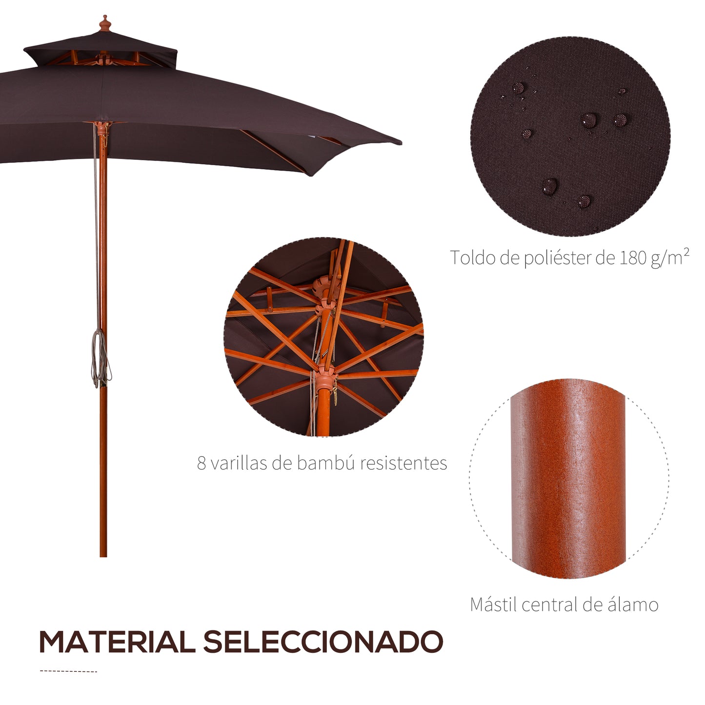 Outsunny Sombrilla de Jardín 3x3x3 m Parasol de Jardín de Bambú con Doble Techo Sistema de Polea Impermeable para Terraza Balcón Exterior Marrón