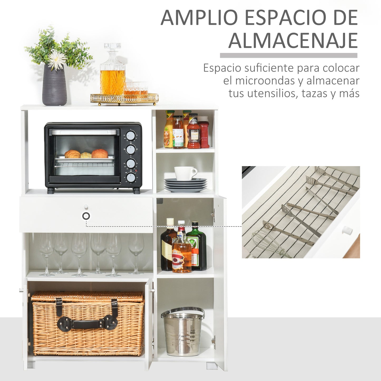 HOMCOM Mueble Auxiliar de Cocina Mueble para Microondas Aparador de Cocina con Cajón Estantes 3 Puertas 3 Compartimientos Diseño Anti-vuelco para Comedor 90x40x120 cm Blanco