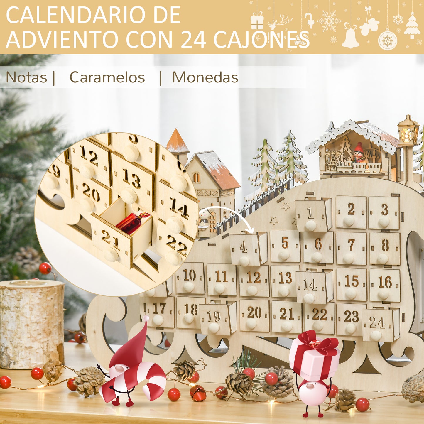 HOMCOM Calendario de Adviento de Navidad con Luces LED y 24 Cajones Decoración Navideña Modelo Trineo 45x10x31 cm Madera Natural