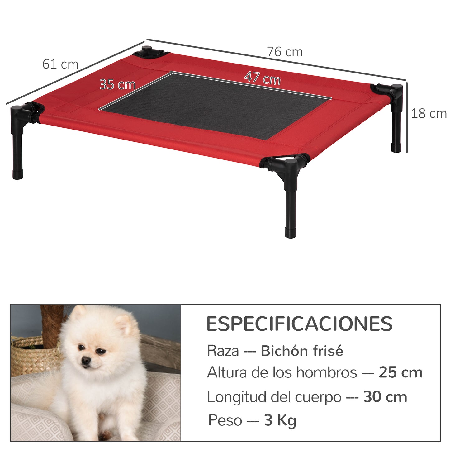 PawHut Cama Elevada para Perros Gatos Portátil Cama para Mascotas con Zona de Malla Transpirable y Tela Oxford para Interior Exterior 76x61x18 cm Rojo