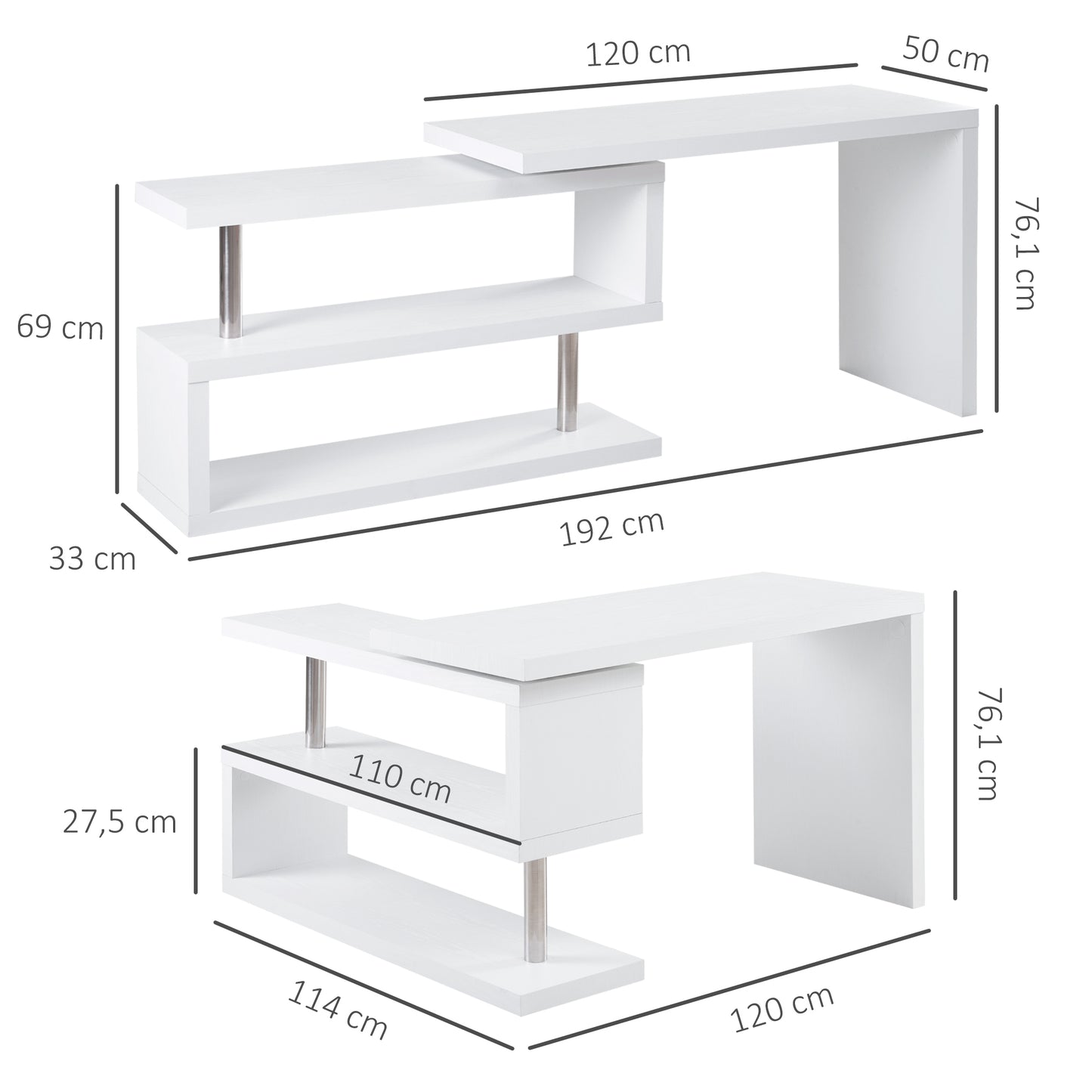 HOMCOM Escritorio Esquinero Giratorio Escritorio en L con Estantería Mesa de Escritorio con Estantes para Oficina Estudio 192x50x76,1 cm Blanco