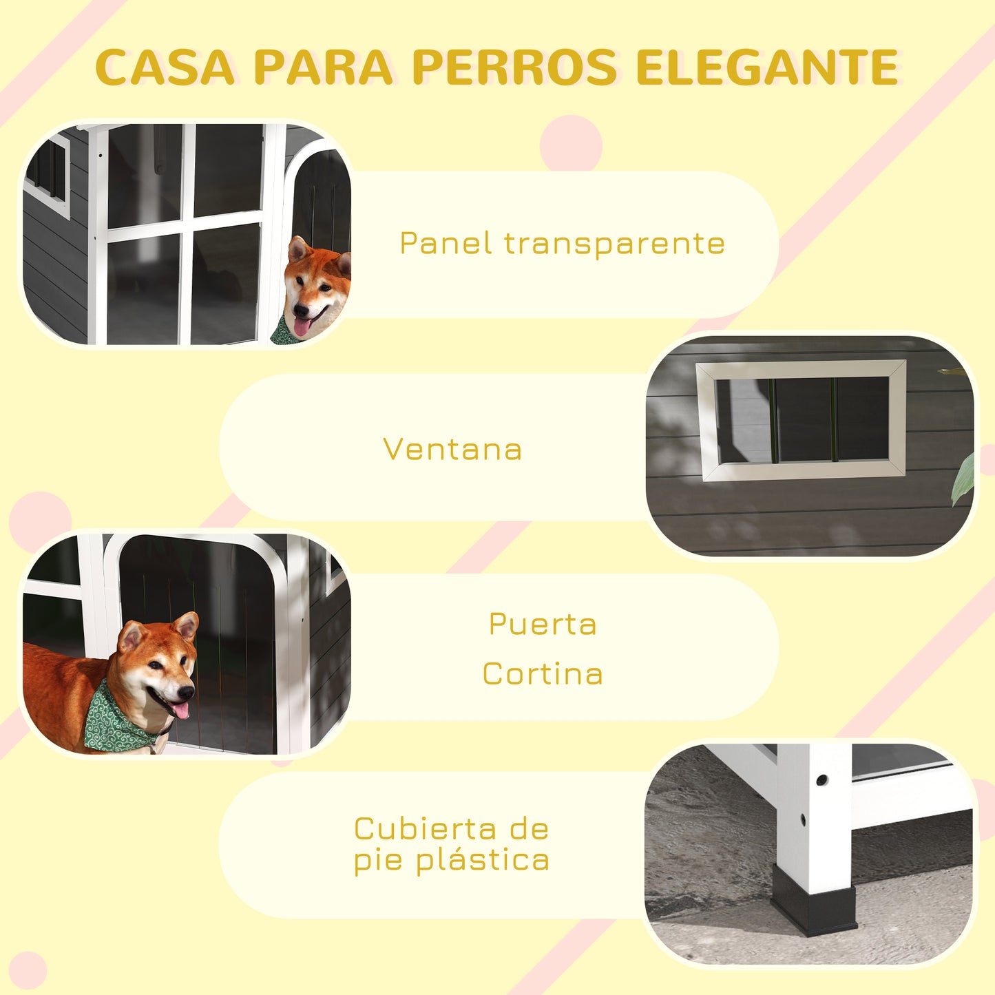 PawHut Caseta para Perros de Exterior Casa para Perros de Madera con Techo Abatible Frontal de Acrílico Puerta con Cortina y Fondo Extraíble para Interior y Exterior 101x66,5x70,5 cm Gris