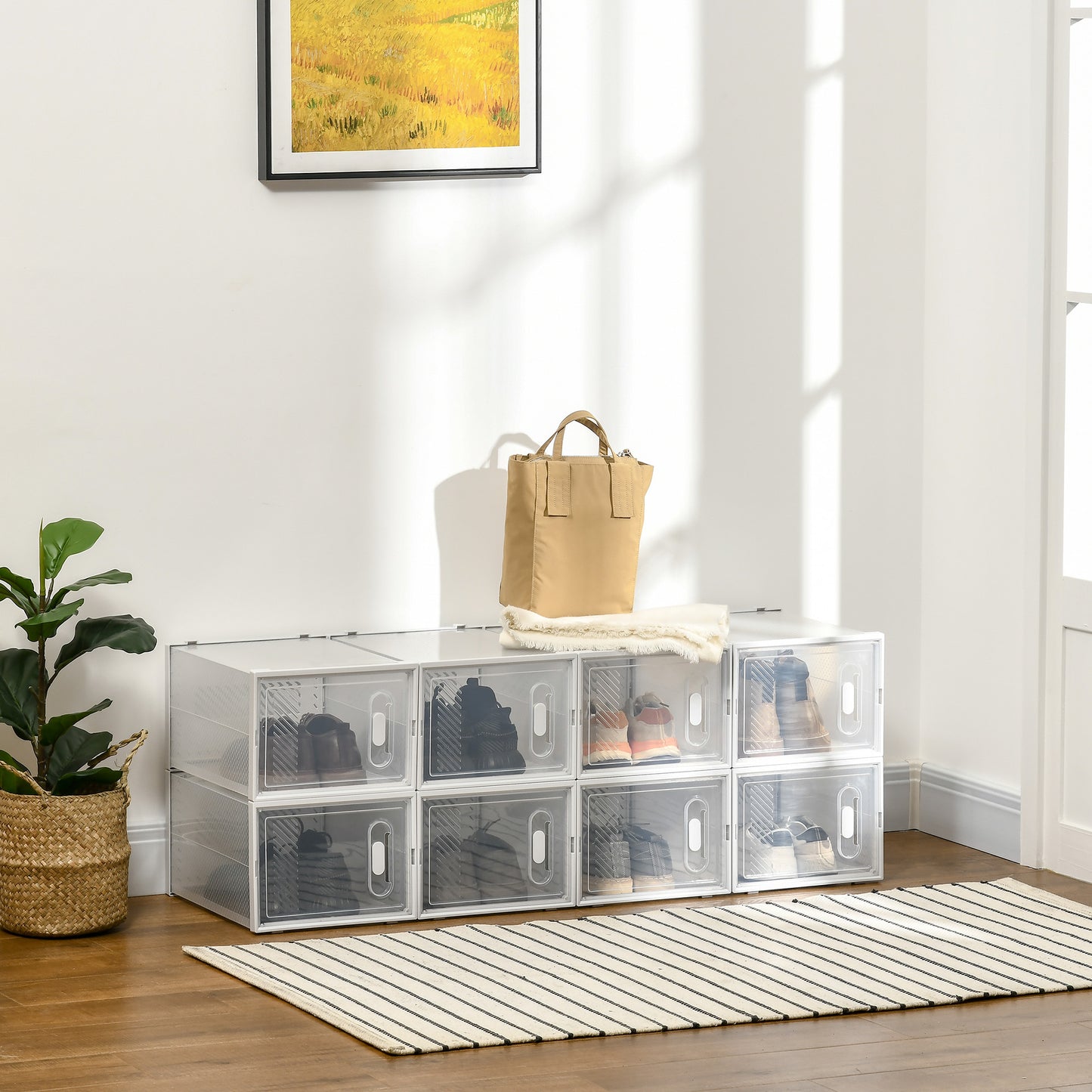 HOMCOM Cajas de Zapatos de Plástico Juego de 8 Organizadores de Almacenamiento Caja Zapatero Apilable Puertas Magnéticas para Aromas para Entrada Pasillo hasta Talla 45 Transparente