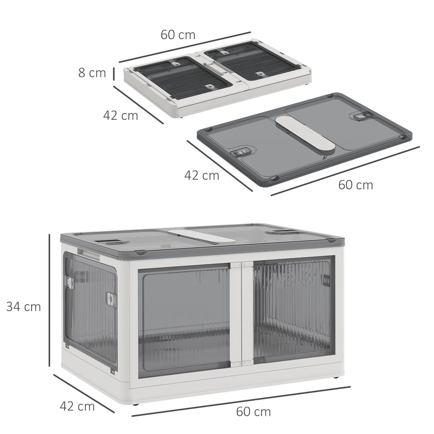 HOMCOM Caja de Almacenamiento Apilable con Tapa 69L Caja Organizadora Plegable con Ruedas Contenedor de Plástico con Acceso a 5 Lados 60x42x34 cm Blanco