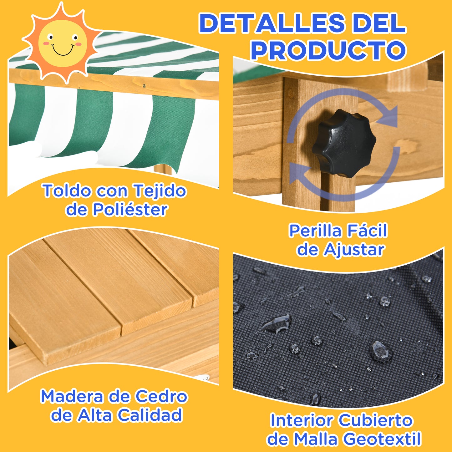 Outsunny Arenero para Niños de Madera Arenero Infantil con Toldo Ajustable en Altura 2 Bancos y Respaldos Desmontables para Patio Jardín 106x106x121 cm Natural y Rayas Verdes