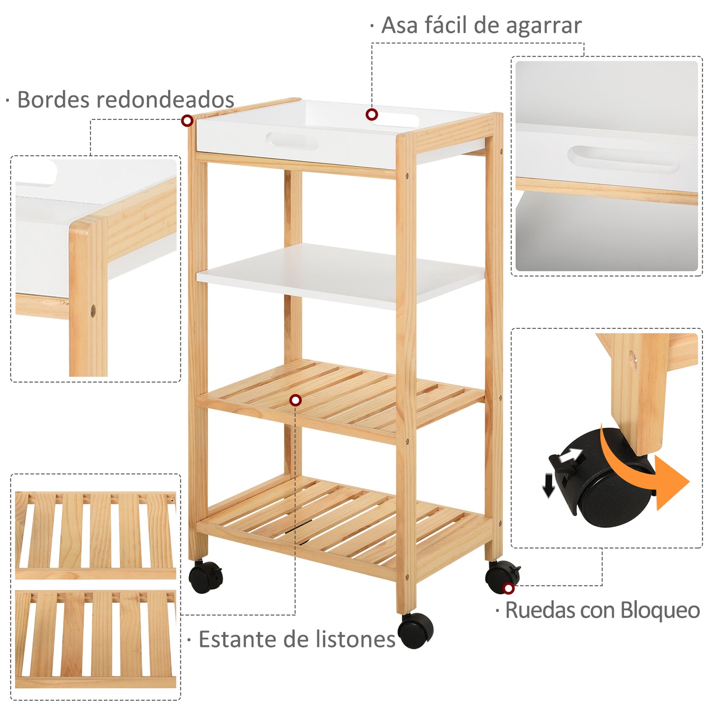 HOMCOM Carrito de Cocina Carrito de Servicio Doméstico de 4 Niveles con Una Bandeja Extraíble Estante Ruedas Universales 40x30x76 cm Blanco Madera