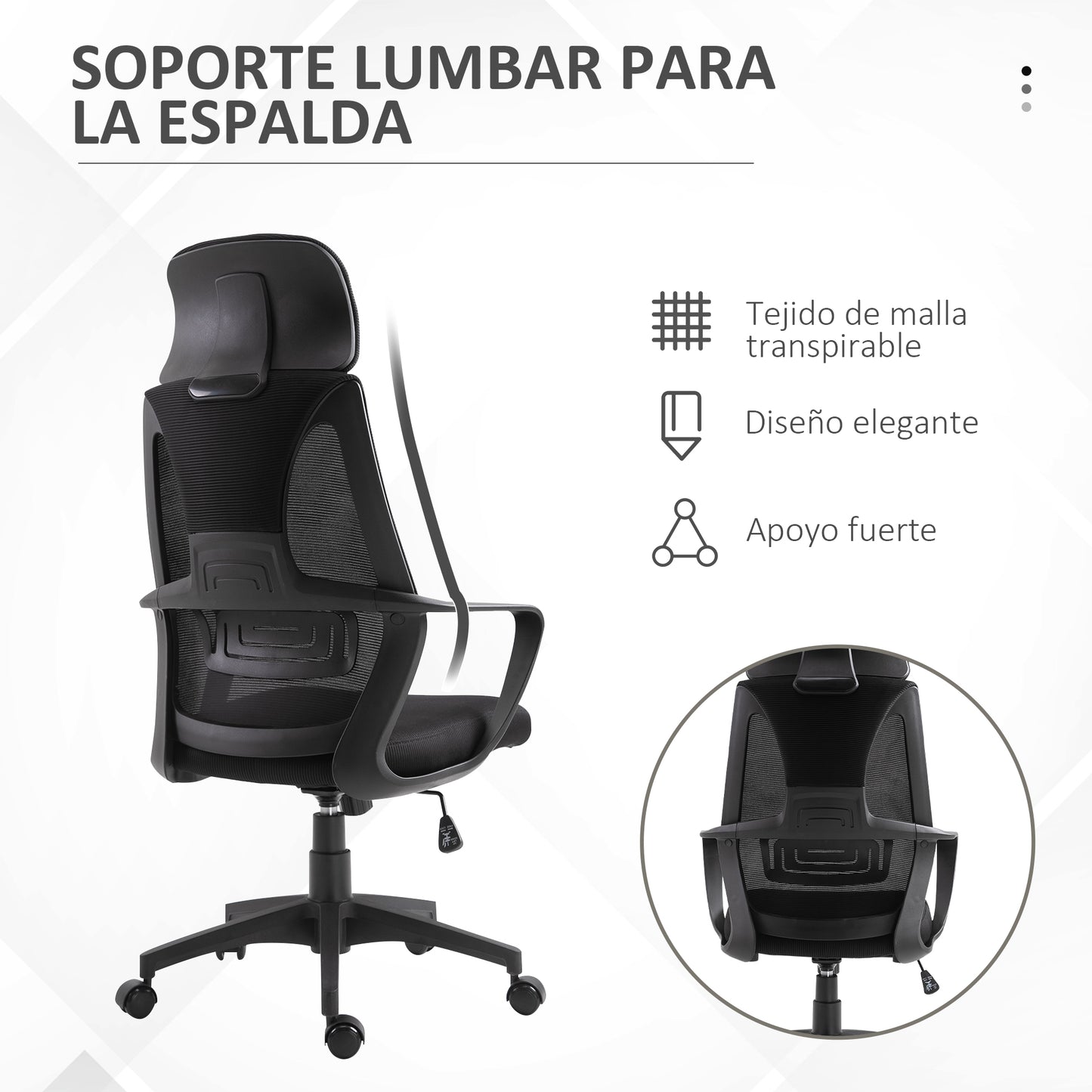 Vinsetto Silla de Oficina Silla de Escritorio Ajustable con Respaldo Reposabrazos Reposacabezas Ruedas y Función Basculante Carga 120 kg 64x55x116-126 cm Negro