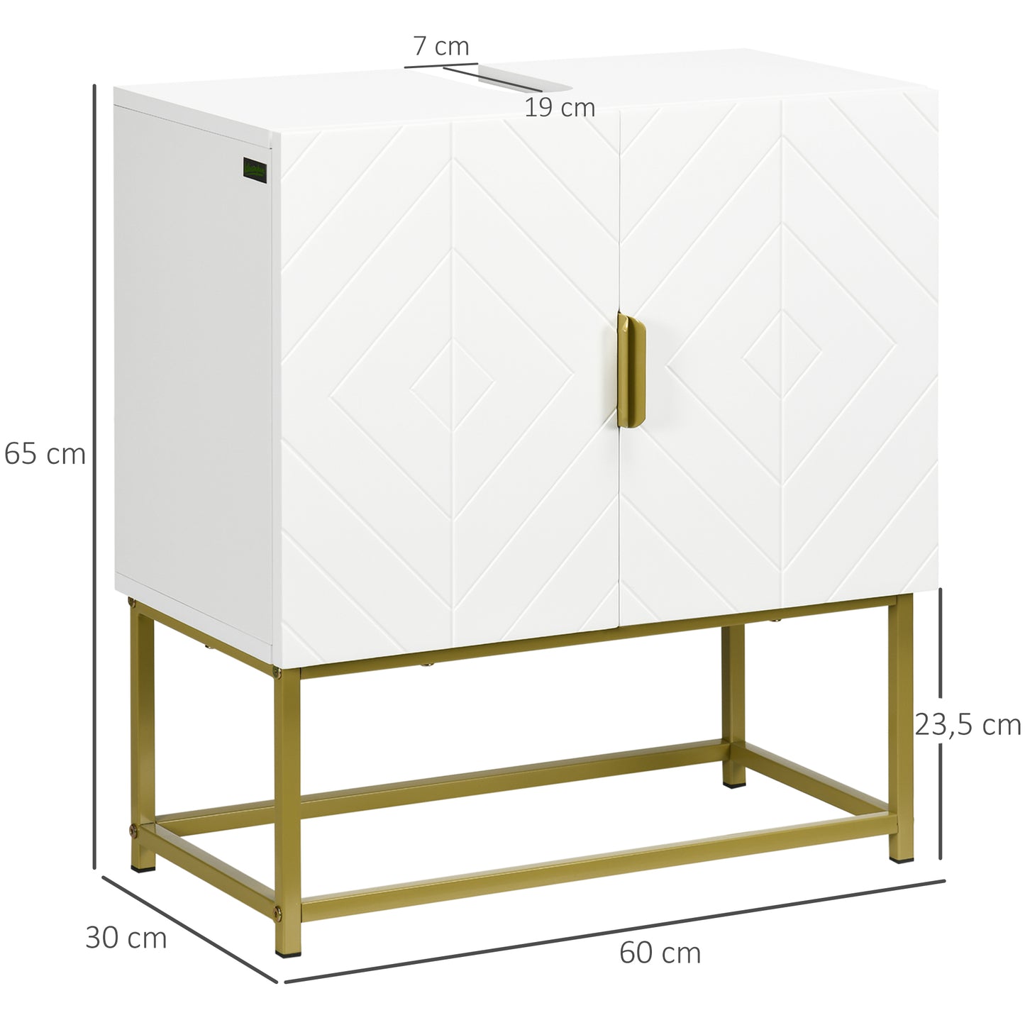 kleankin Mueble para Debajo del Lavabo Armario para Lavabo de Baño Moderno Armario Bajo con 2 Puertas y Patas de Acero Dorado 60x30x65 cm Blanco