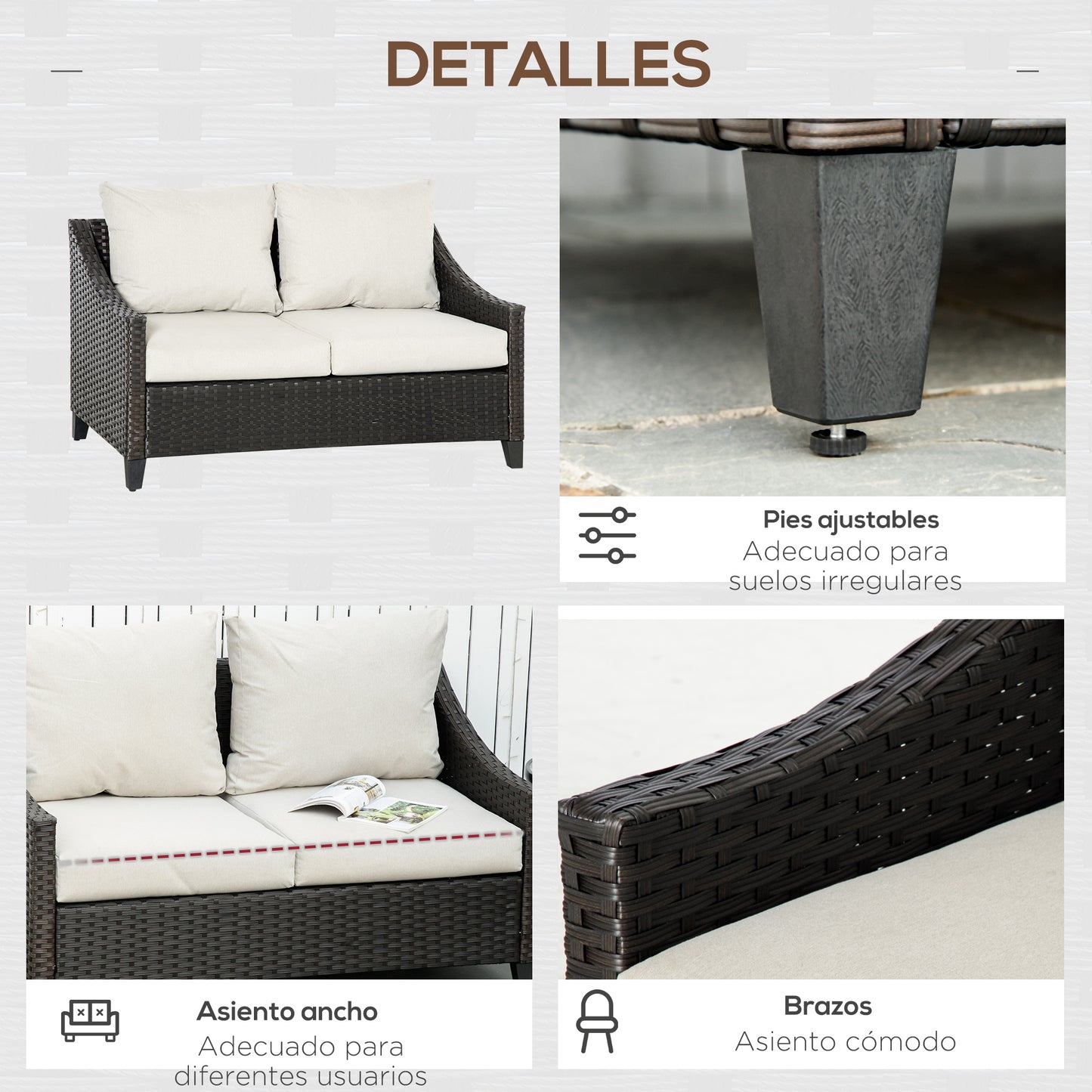 Outsunny Sofá de Ratán de 2 Plazas Sofá de Jardín Exterior con Cojines Acolchados Almohadas con Cremallera y Pies Ajustables para Terraza Balcón Patio 132x70x74 cm Marrón