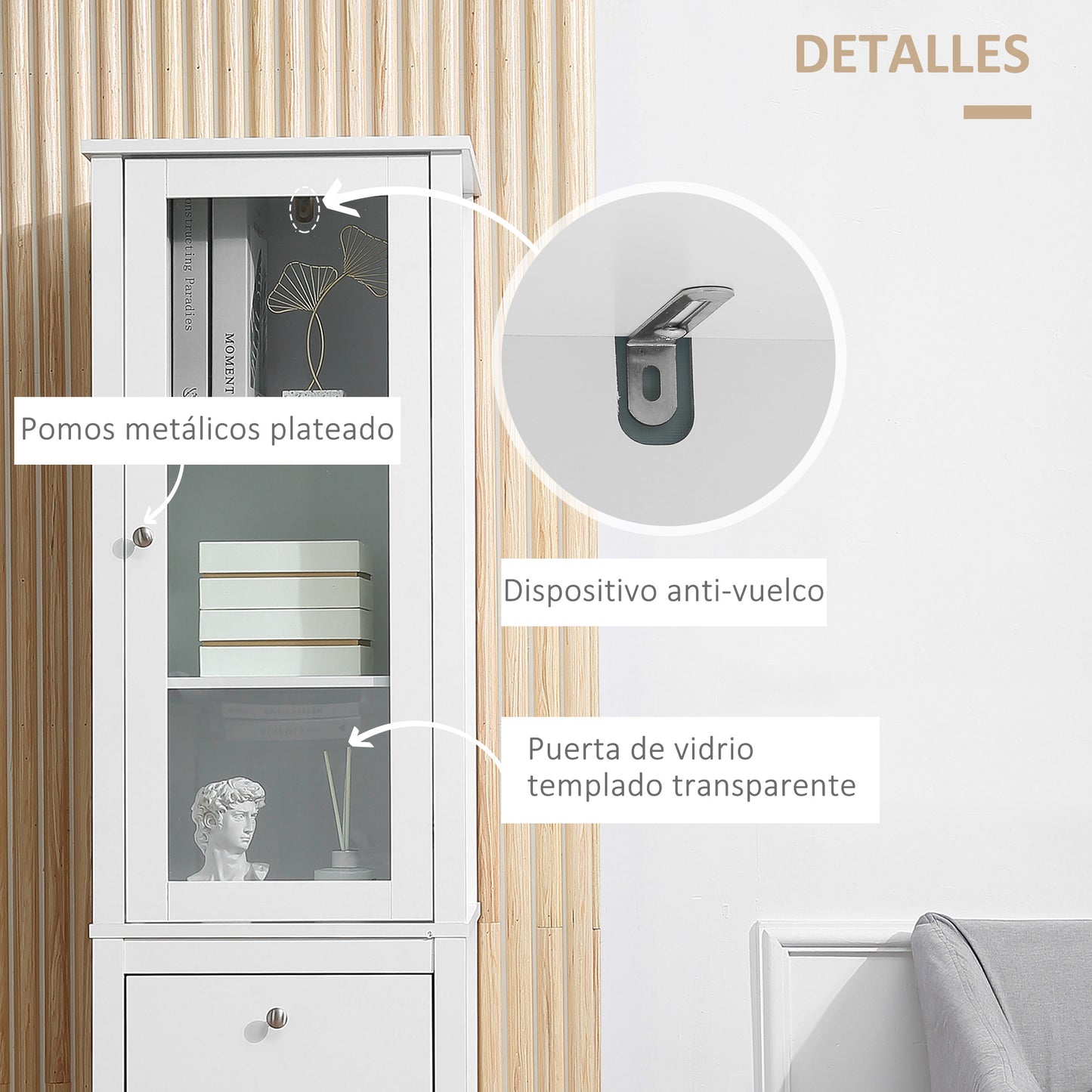 kleankin Armario Alto para Baño Mueble Columna de Baño con 1 Puerta de Cristal Estantes Ajustables y 2 Cajones Multiusos para Salón Cocina 43x35x160 cm Blanco