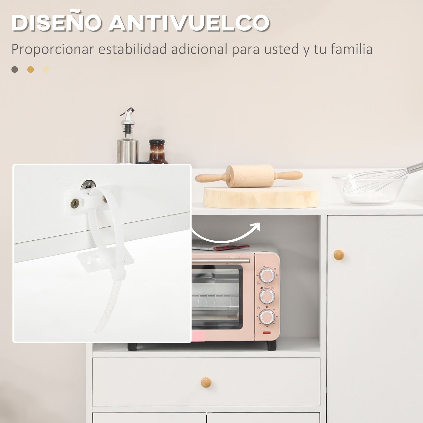 HOMCOM Aparador de Cocina para Microondas Armario Bajo de Cocina Mueble Auxiliar de Comedor con 3 Puertas Cajón y Compartimientos 90x30x94 cm Blanco