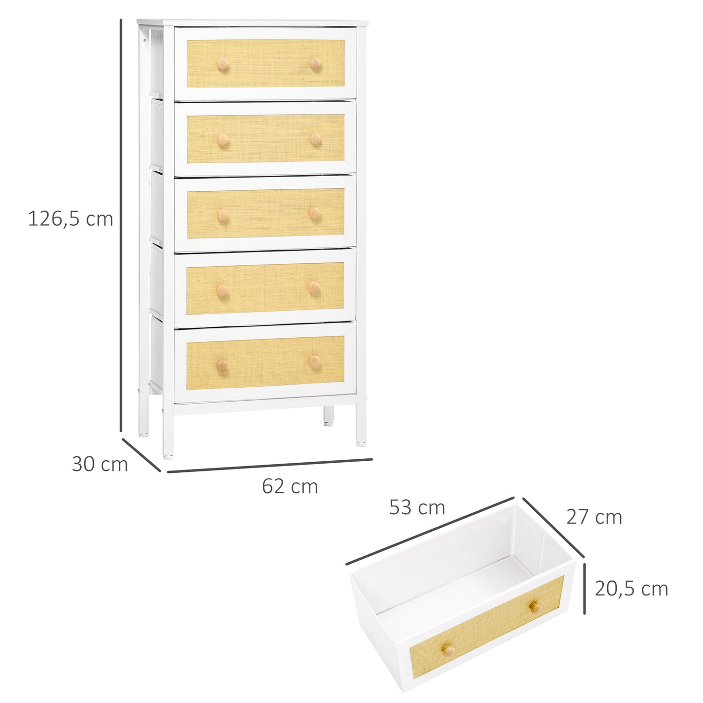 HOMCOM Cómoda de Dormitorio Cajonera de Estilo Bohemio con 5 Cajones de Tela Plegable Superficie de Ratán PE y Marco de Acero para Entrada Salón Pasillo 62x30x126,5 cm Blanco