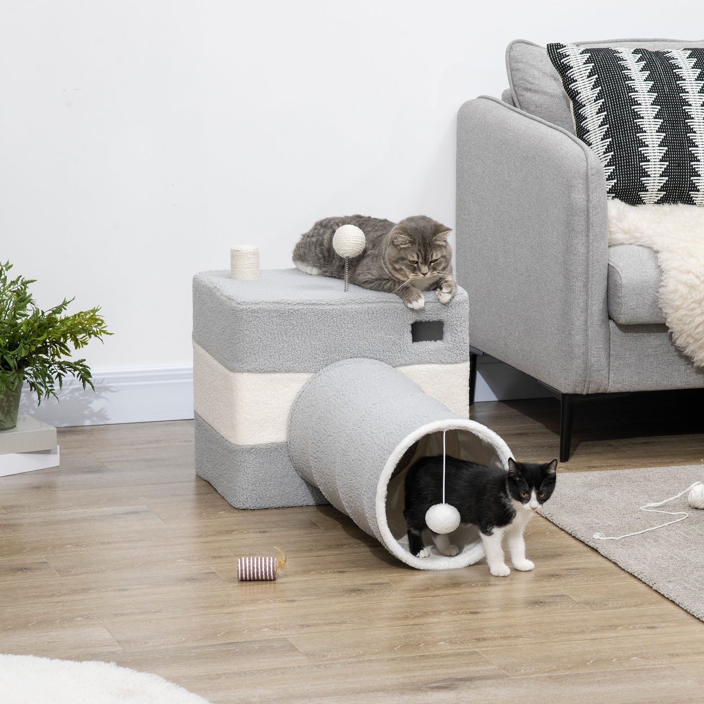 PawHut Túnel para Gatos con Cueva Tubo de Juguete para Mascotas con Orificio Superior Puerta Delantera Poste de Sisal y Bola Colgante 48x95x58 cm Gris