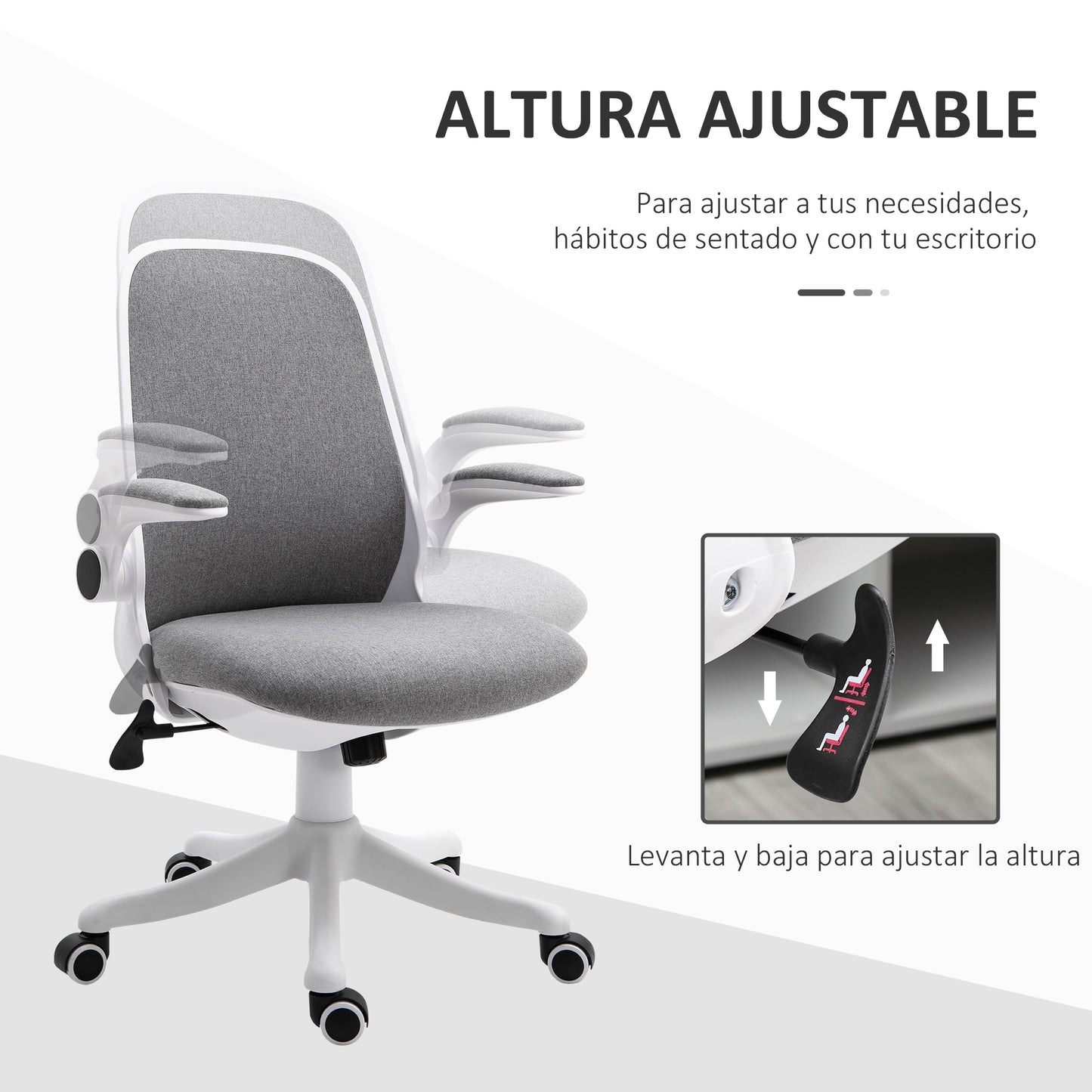 Vinsetto Silla Giratoria de Oficina Silla de Escritorio Basculante Altura Ajustable con Reposabrazos Elevable Carga 120 kg para Despacho Dormitorio 62,5x60x94-104 cm Gris