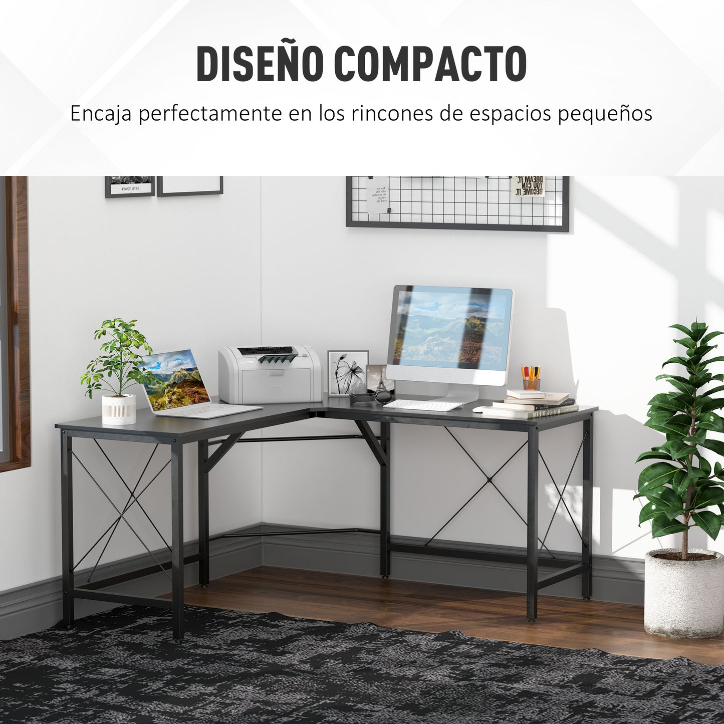 HOMCOM Escritorio en Forma de L Escritorio Esquinero Moderno con Marco de Acero Carga 70 kg para Oficina Hogar Estudio 150x150x76 cm Negro