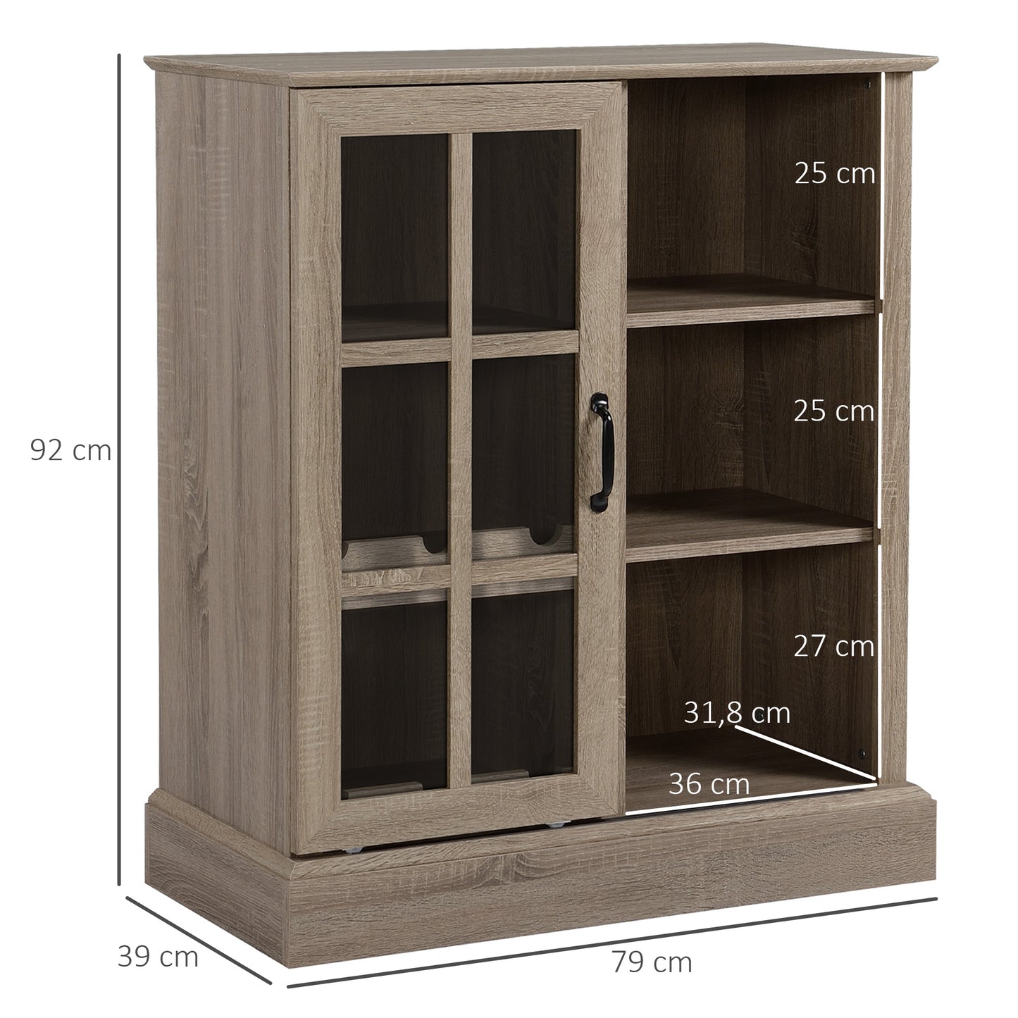 HOMCOM Aparador de Cocina con Botellero Moderno Mueble Auxiliar de Almacenaje con Puerta de Vidrio Soporte para 6 Copas Botellero para 6 Botellas y 3 Estantes para Comedor Salón 79x39x92 cm Café