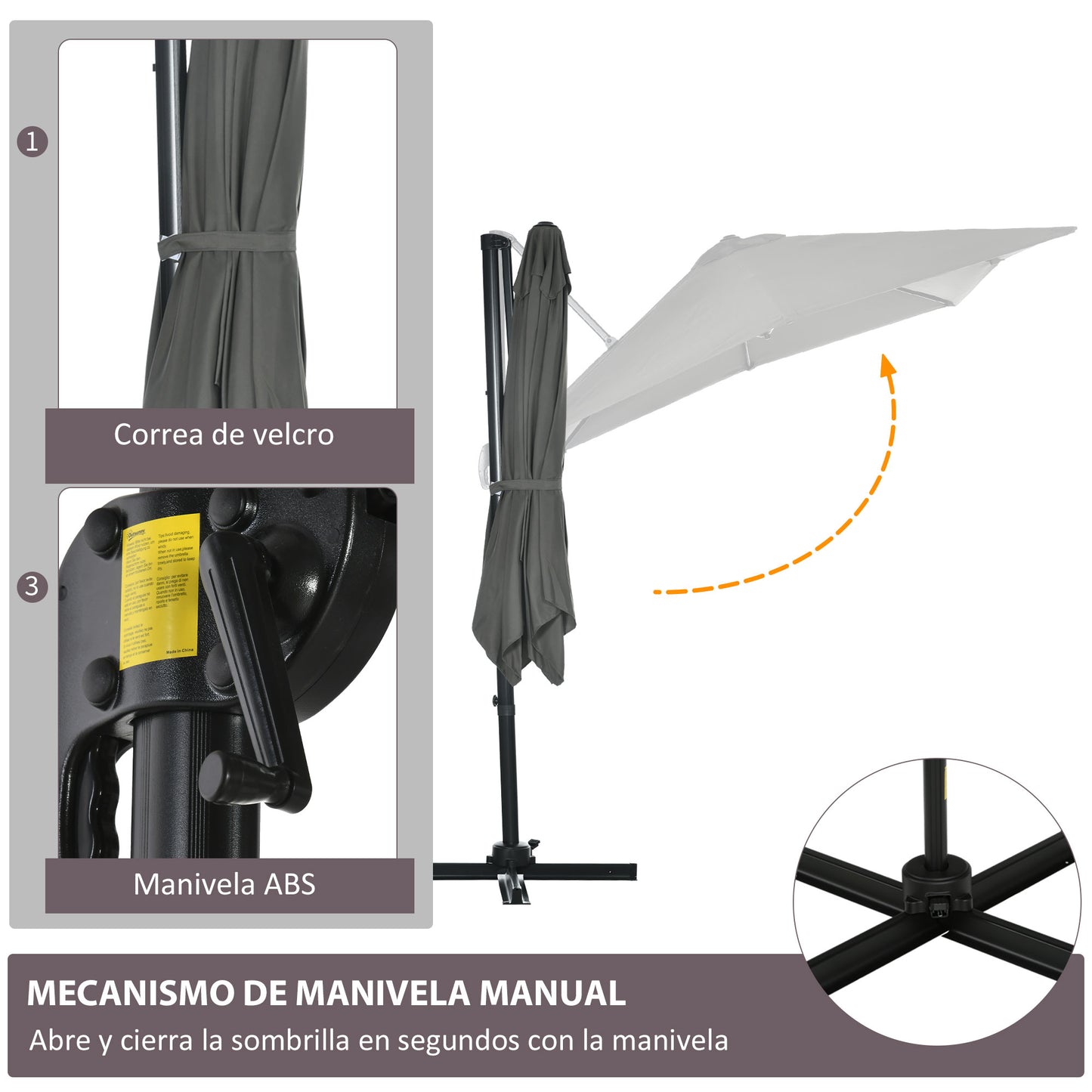 Outsunny Sombrilla de Jardín de Aluminio 245x245x245 cm Parasol Excéntrico con Manivela Giratorio 360° Inclinación de 5 Niveles Tela Desmontable Gris