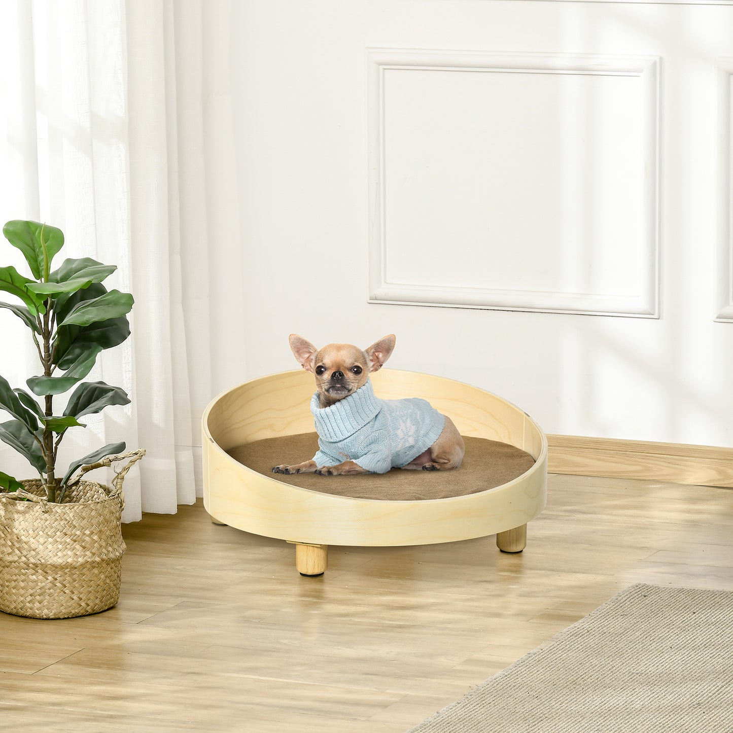 PawHut Cama de Madera para Perros Gatos Sofá Redondo para Mascotas Pequeñas con Cojín Acolchado y Patas Ø59x23,5 cm Natural