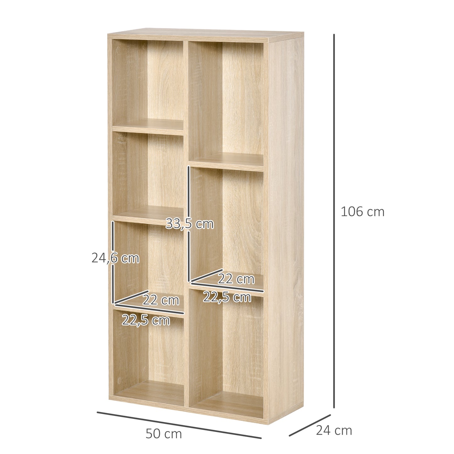 HOMCOM Estantería para Libros Librería de Madera con 7 Compartimentos de Almacenaje Plantas Archivos para Sala de Estar Dormitorio Oficina 50x24x106 cm Roble