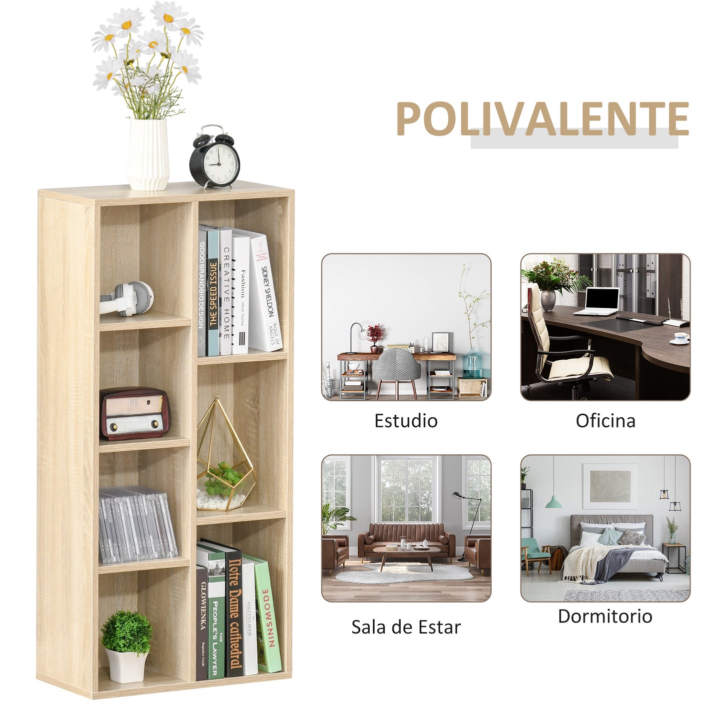 HOMCOM Estantería para Libros Librería de Madera con 7 Compartimentos de Almacenaje Plantas Archivos para Sala de Estar Dormitorio Oficina 50x24x106 cm Roble