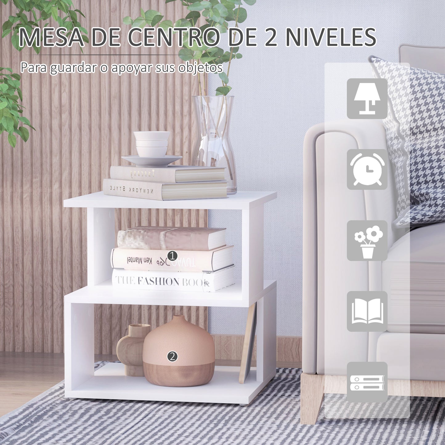 HOMCOM Mesa de Centro Mesita de Noche Mesita Auxiliar de 2 Niveles con Estante de Almacenamiento para Salón Dormitorio Librería 40x40x43 cm Blanco