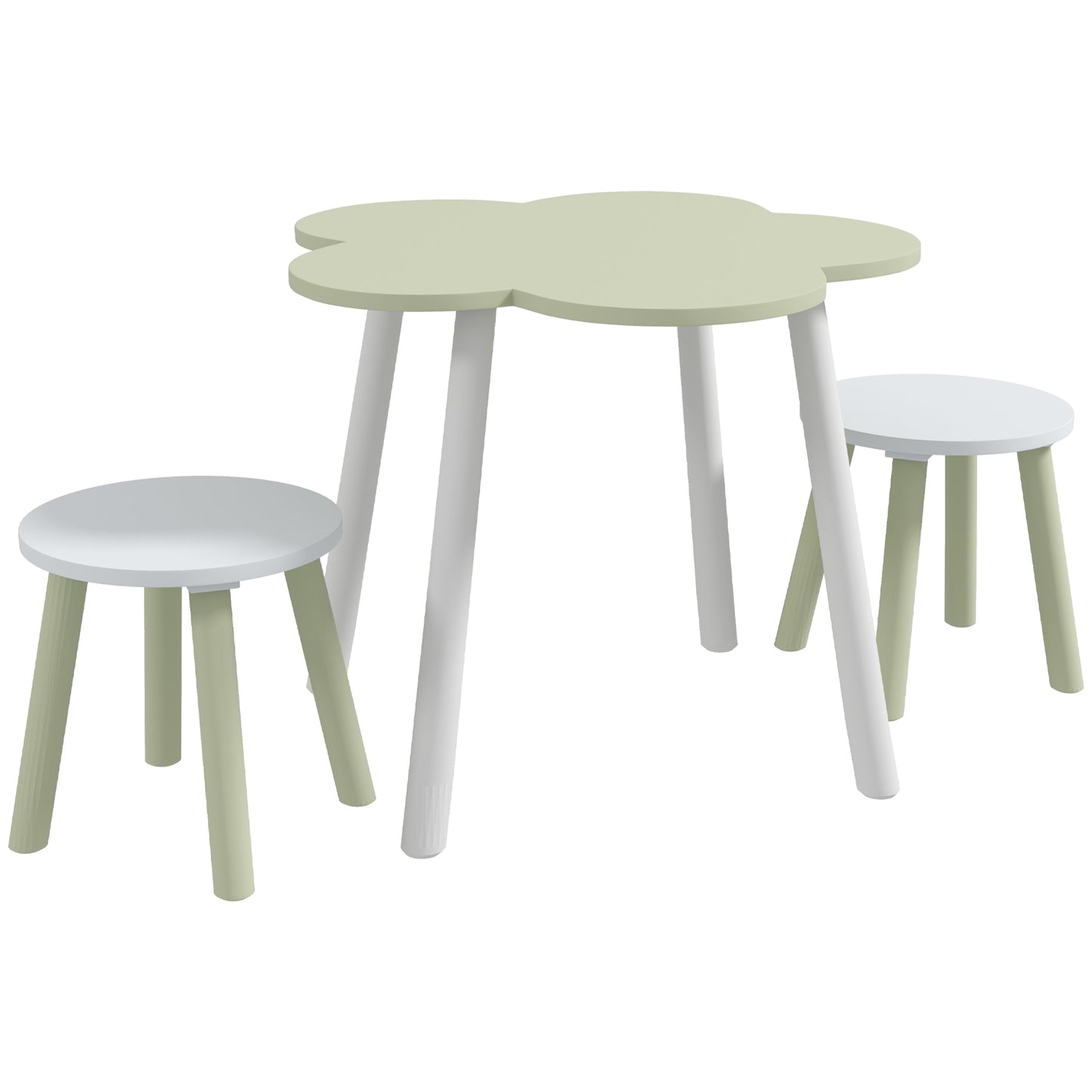 ZONEKIZ Juego de Mesa y 2 Sillas Infantiles Mesa con Sillas para Niños de 2-5 Años con Mesa en Forma de Flores Ø59x50 cm y Sillas Ø28x26 cm para Dormitorio Sala Blanco y Verde Pastel