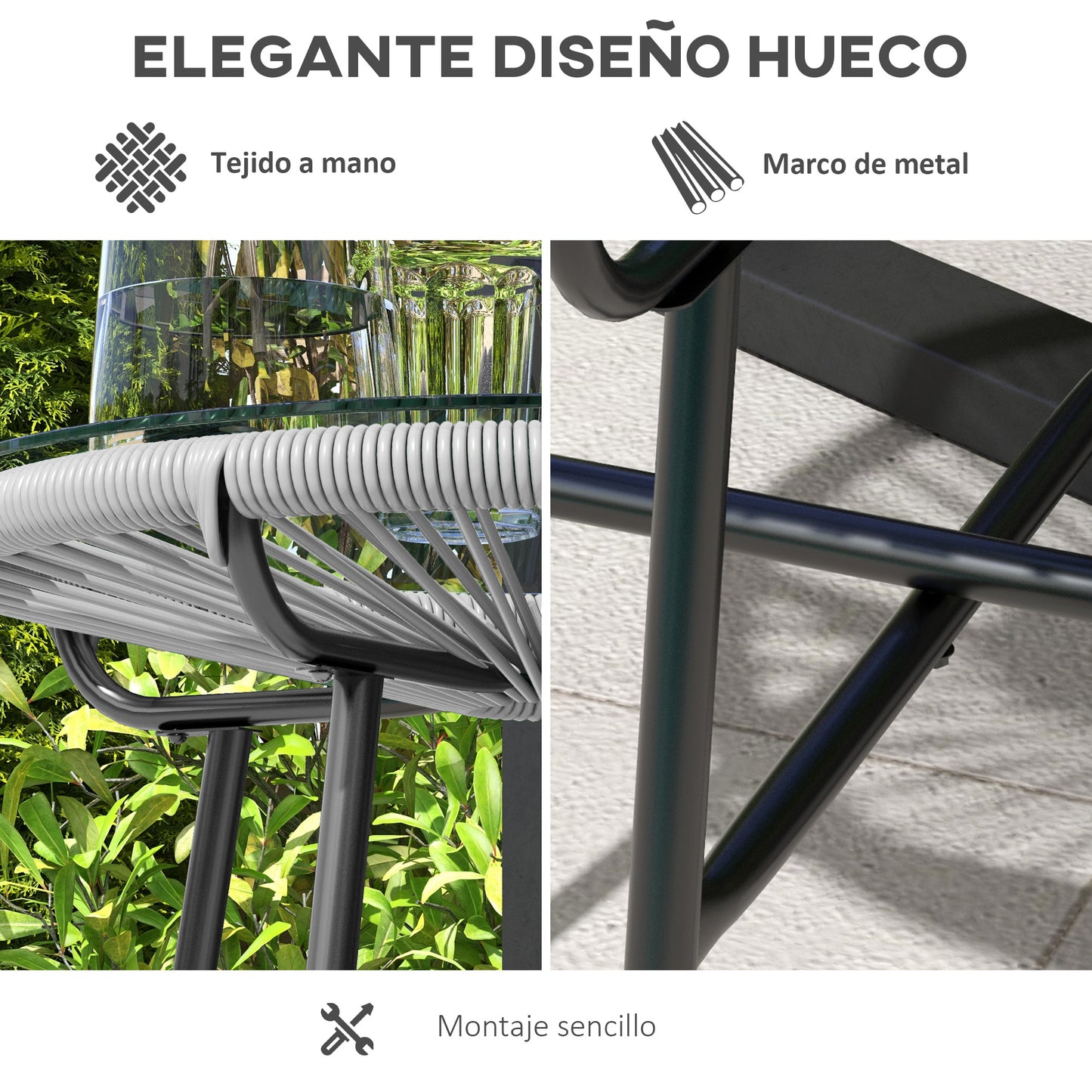 Outsunny Mesa Auxiliar de Ratán Sintético Mesa de Centro Redonda para Exteriores con Tablero de Vidrio Templado y Patas de Metal para Patio Jardín Balcón Ø50x50 cm Gris