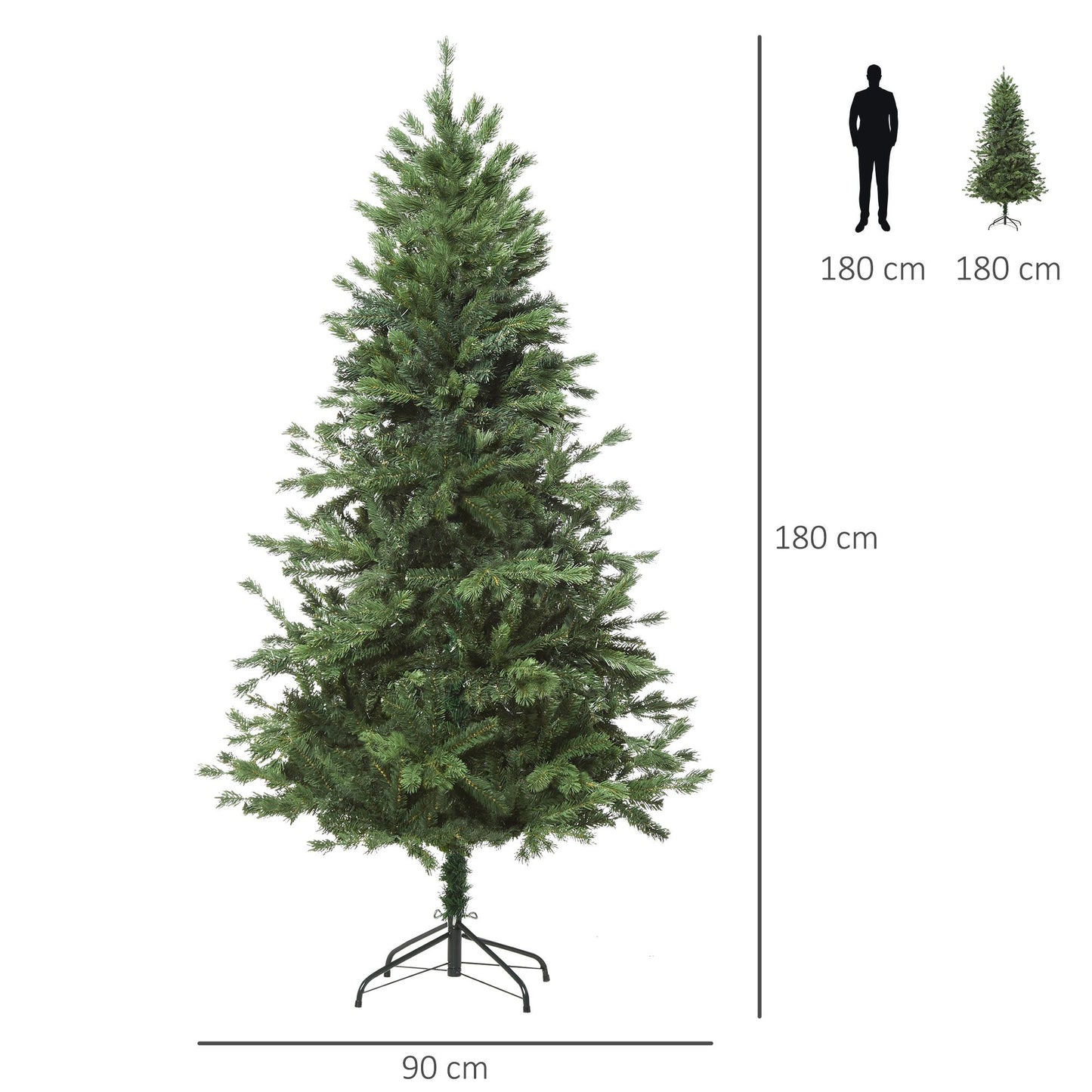 HOMCOM Árbol de Navidad Ø90x180 cm Artificial con 696 Ramas PE Tridente y PVC Individual y Base Plegable Árbol Navideño Decorativo Exteriores Interiores Verde