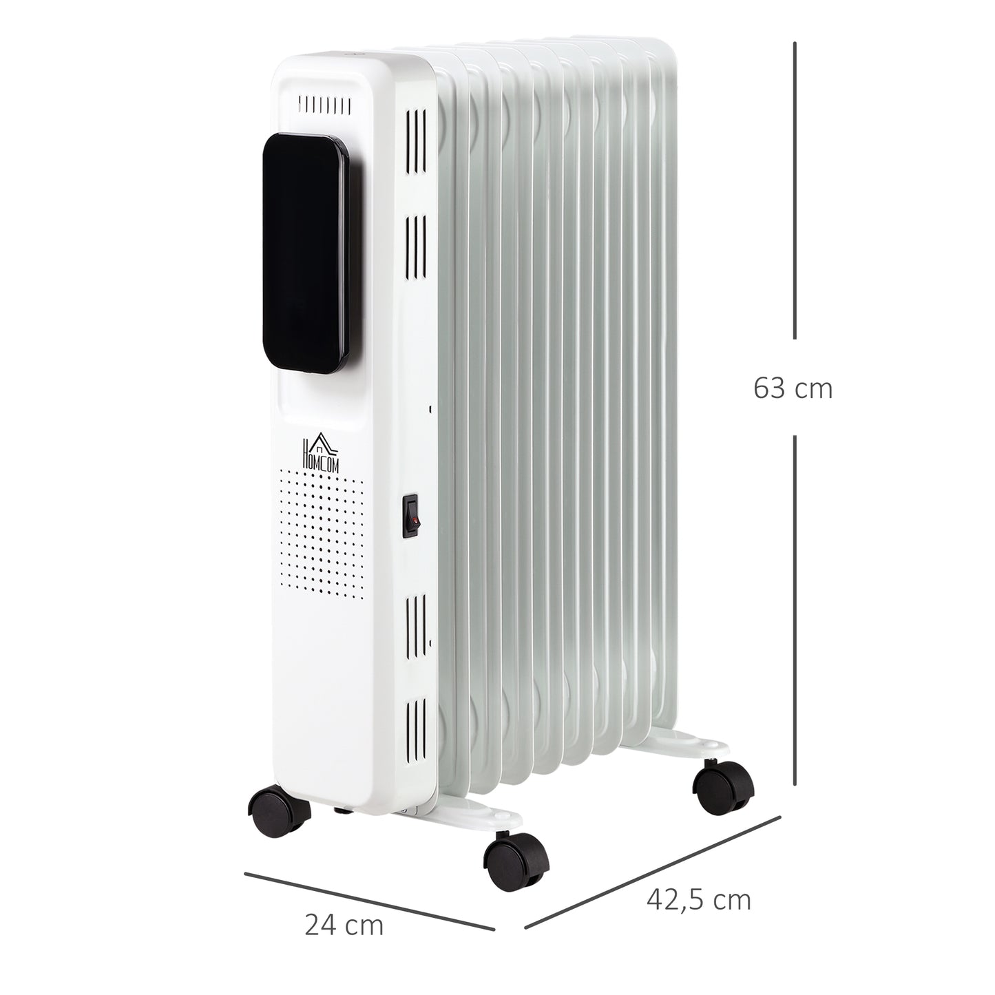 HOMCOM Radiador de Aceite 2180W Calefactor de Aceite 3 Modos con 9 Elementos Pantalla LED Control Táctil Termostato Temporizador 24H y Ruedas Superficie 20 m² 42,5x24x63 cm Blanco