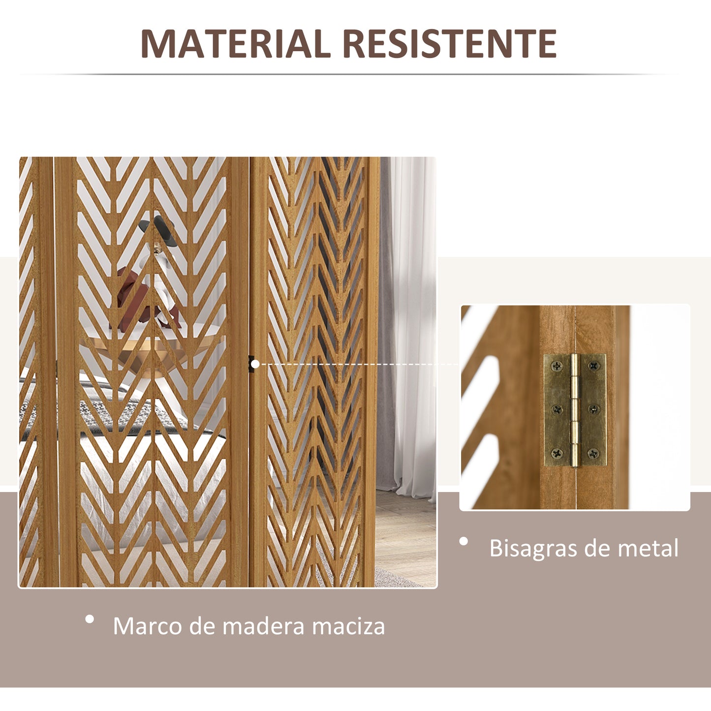 HOMCOM Biombo de 4 Paneles Separador de Ambientes Plegable 160x1,7x170 cm Divisor de Habitación de Madera con Patrones Geométricos para Oficina Dormitorio Natural