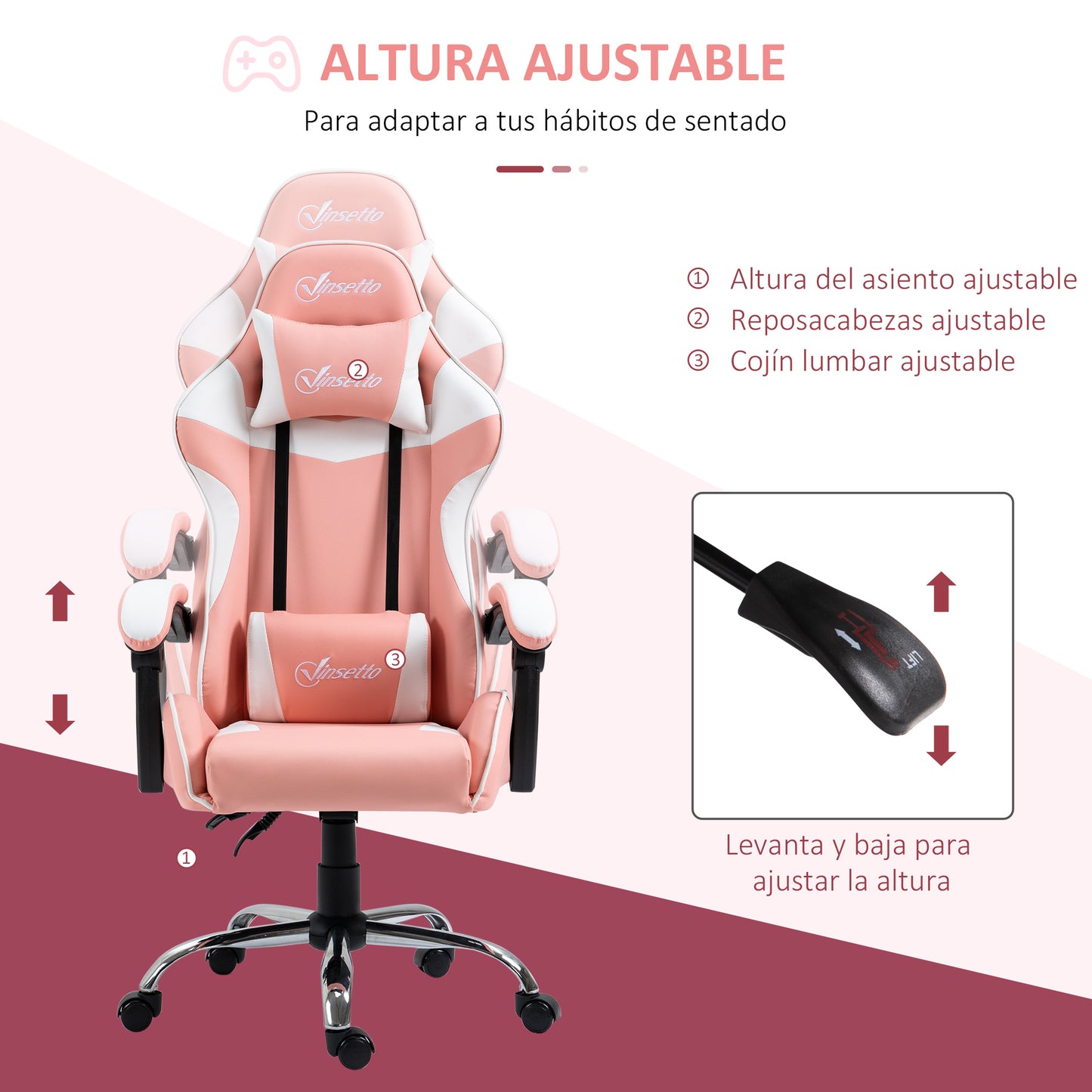 Vinsetto Silla Gaming Silla Gamer Racing Giratoria con Altura Ajustable Reclinable de 135° Reposacabezas y Cojín Lumbar para Oficina Estudio 63x67x122-130 cm Rosa