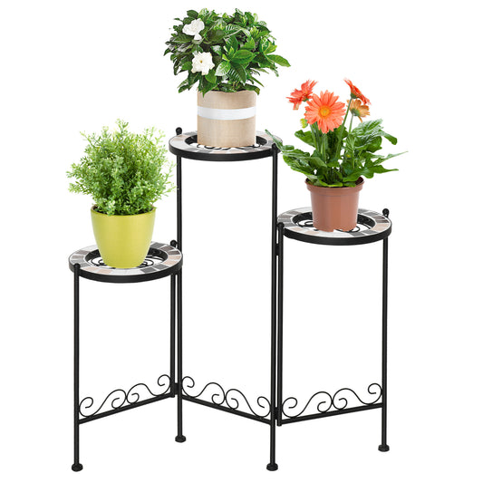 Outsunny Soporte para Plantas de Metal Mecetas Plegable Estantería para Flores con 3 Estantes y Bordes de Azulejo para Decoración Interiores y Exteriores 60x22x65 cm Negro