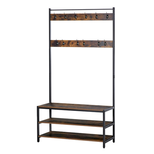 HOMCOM Perchero con Zapatero Perchero con 12 Ganchos Banco de 3 Estantes de Estilo Industrial Estructura Metálica 100x40x184 cm Marrón Rústico y Negro