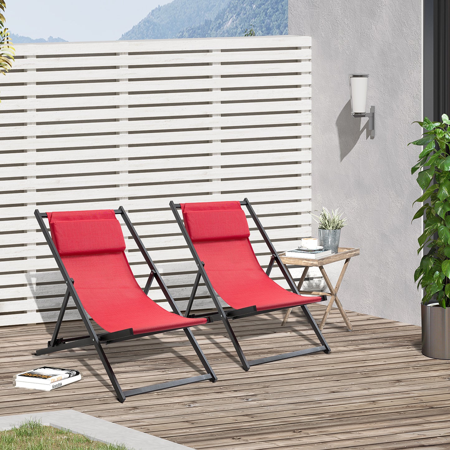 Outsunny Conjunto de 2 Tumbonas Plegables de Aluminio Tumbonas de Jardín con Respaldo Regulable en 5 Posiciones y Reposacabezas para Terraza Patio Exterior 58x96,5x91,5 cm Rojo Vino