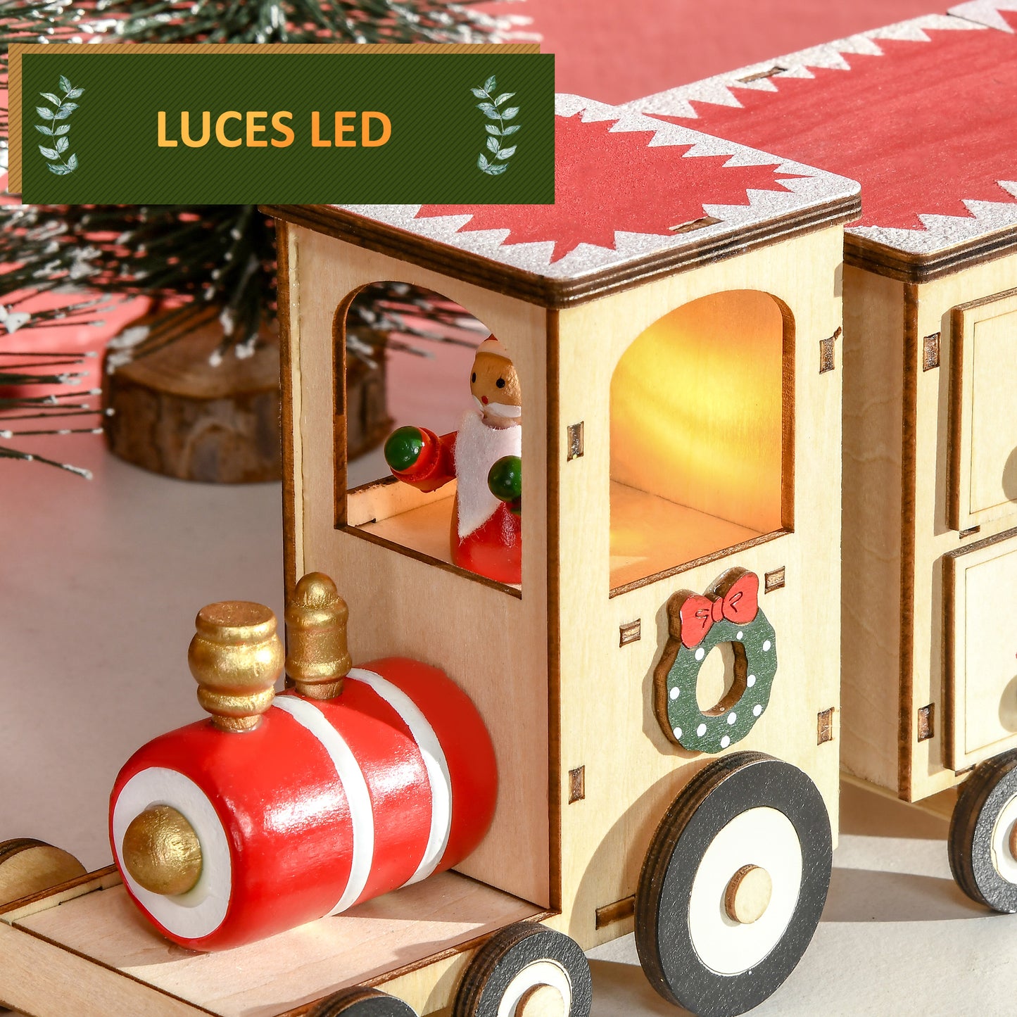 HOMCOM Calendario de Adviento de Navidad de Madera con Luz LED y 24 Cajones Decoración Navideña para Rellenar Modelo Tren 40x8x11 cm Natural