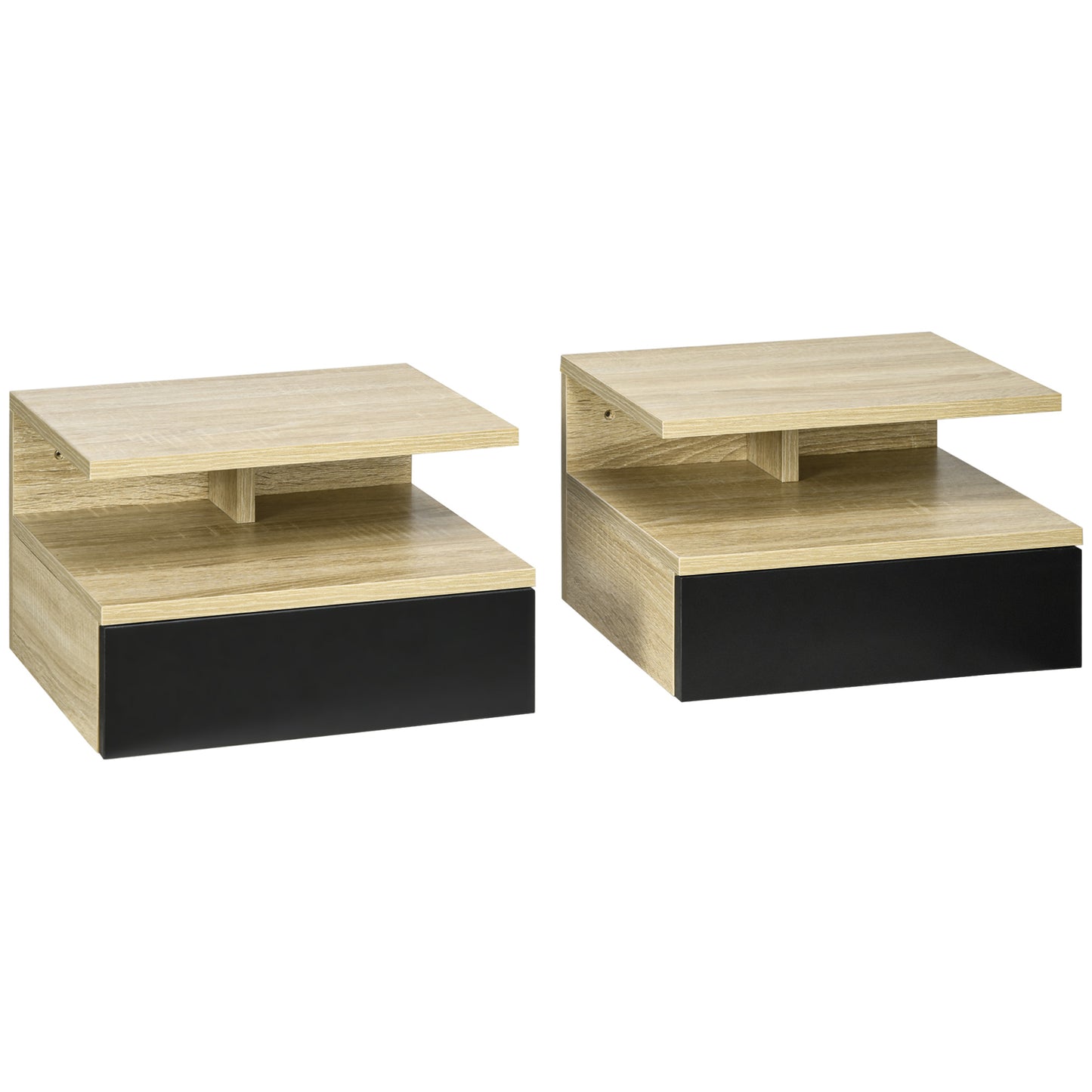 HOMCOM Set de 2 Mesitas de Noche Flotantes con 1 Cajón y Estante Abierto Diseño Moderno Montado en la Pared 35x32x22,5 cm Roble y Negro